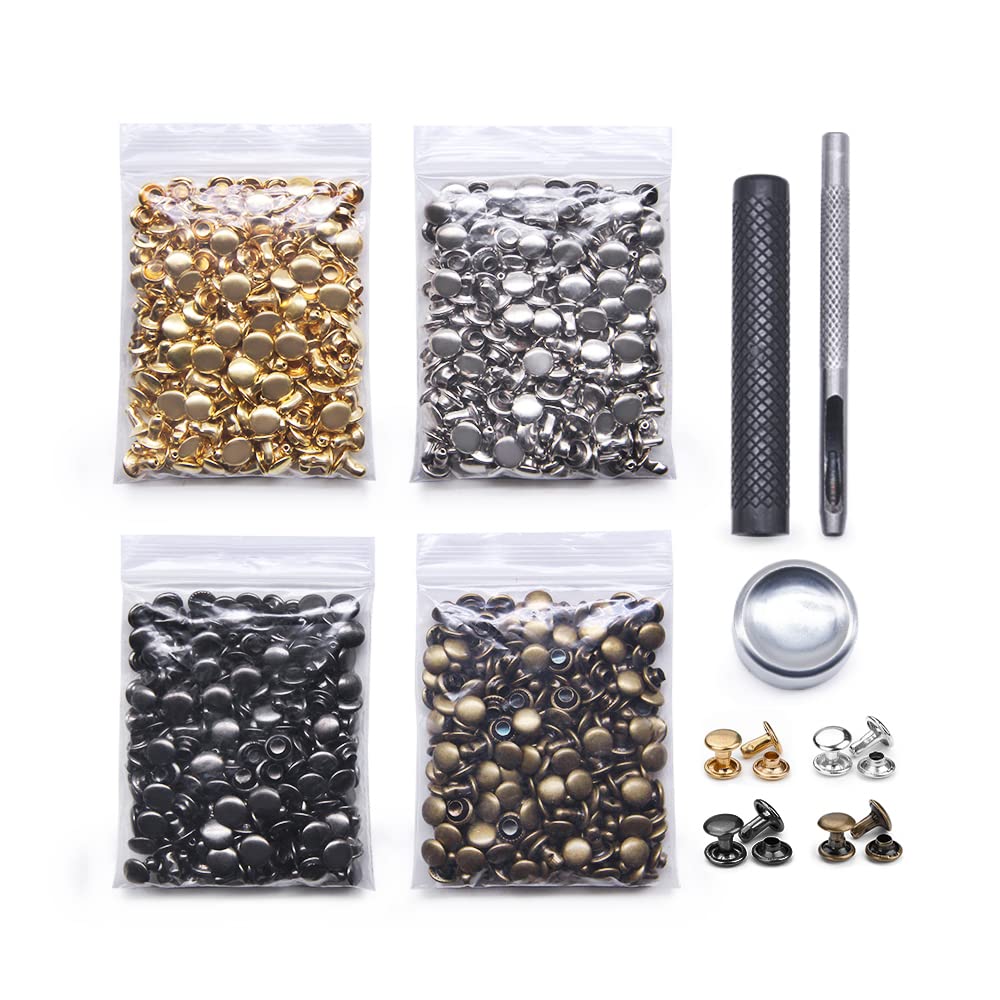 400 Sets Leather Rivets,Double Cap Rivet Tubular 4 Colors Metal Studs with Fixing Tools for DIY Leather Craft/Clothes/Shoes/Bags/Belts Repair Decoration (6x6mm)