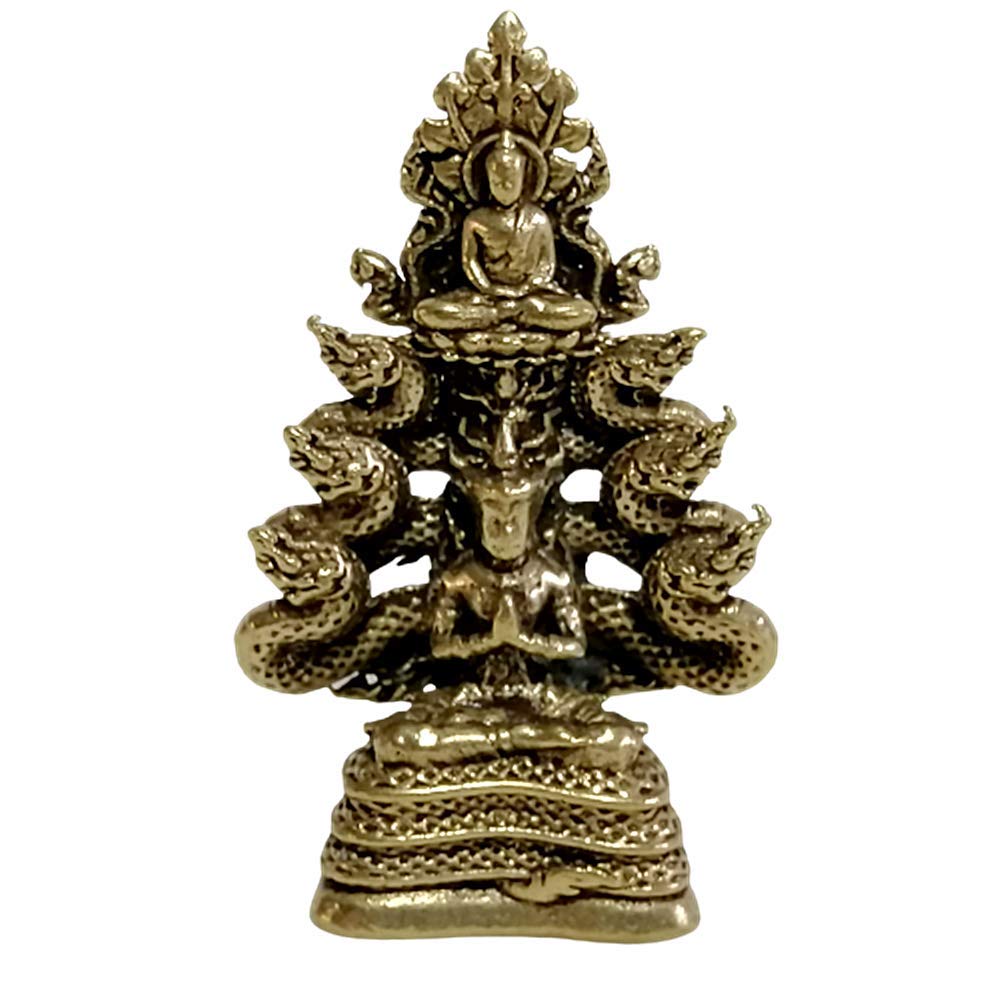 poppip Thai Buddha Amulet Statue Phra Pang Naga LP Snake Serpent Meditative Beautiful Brass Figurine H 4 x W 2.5 cm.