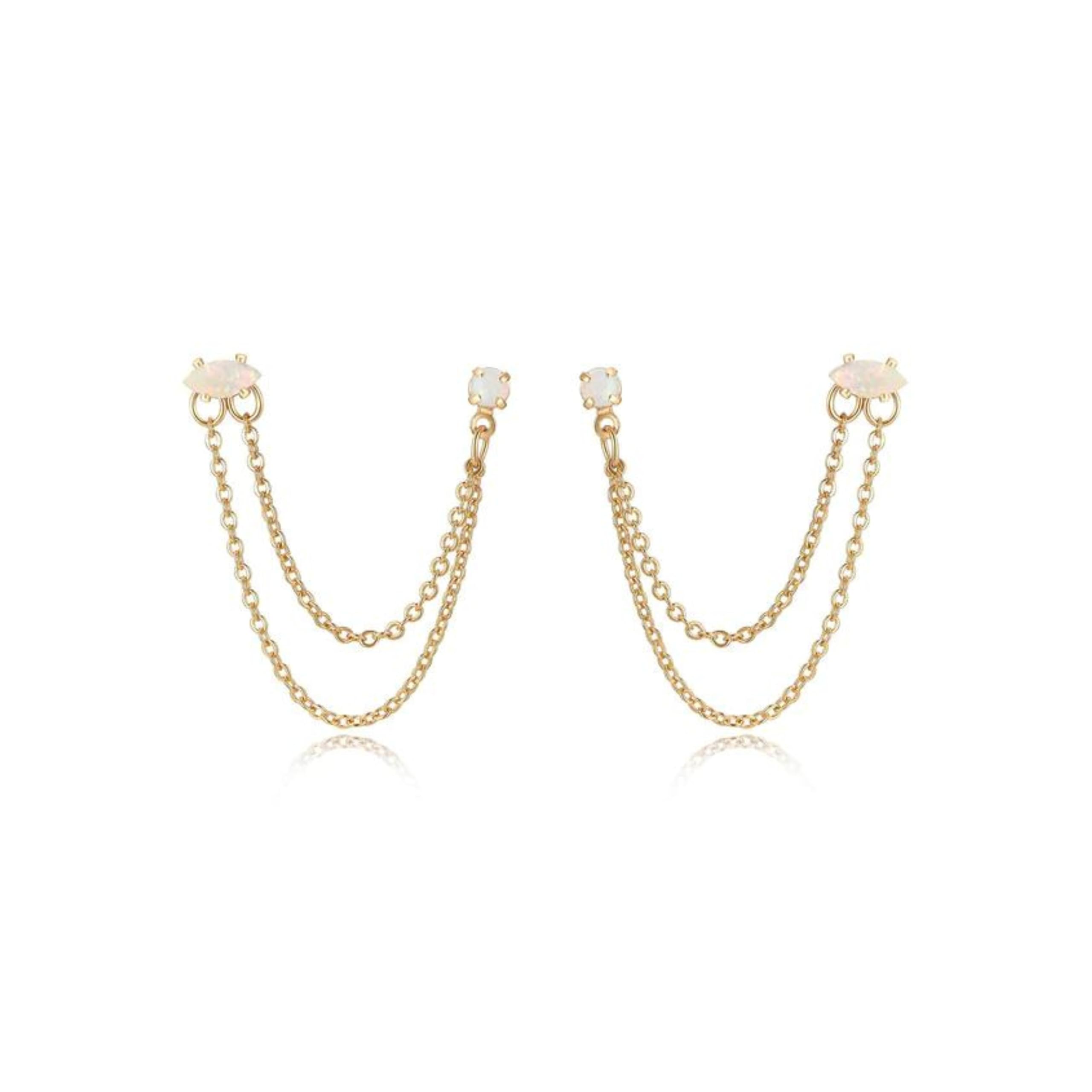 EttikaWomen's Earrings. Two Hole Piercing Chain Dangle 18k Gold Plated or Rhodium Earrings with Clear Crystals. Fashion Jewelry