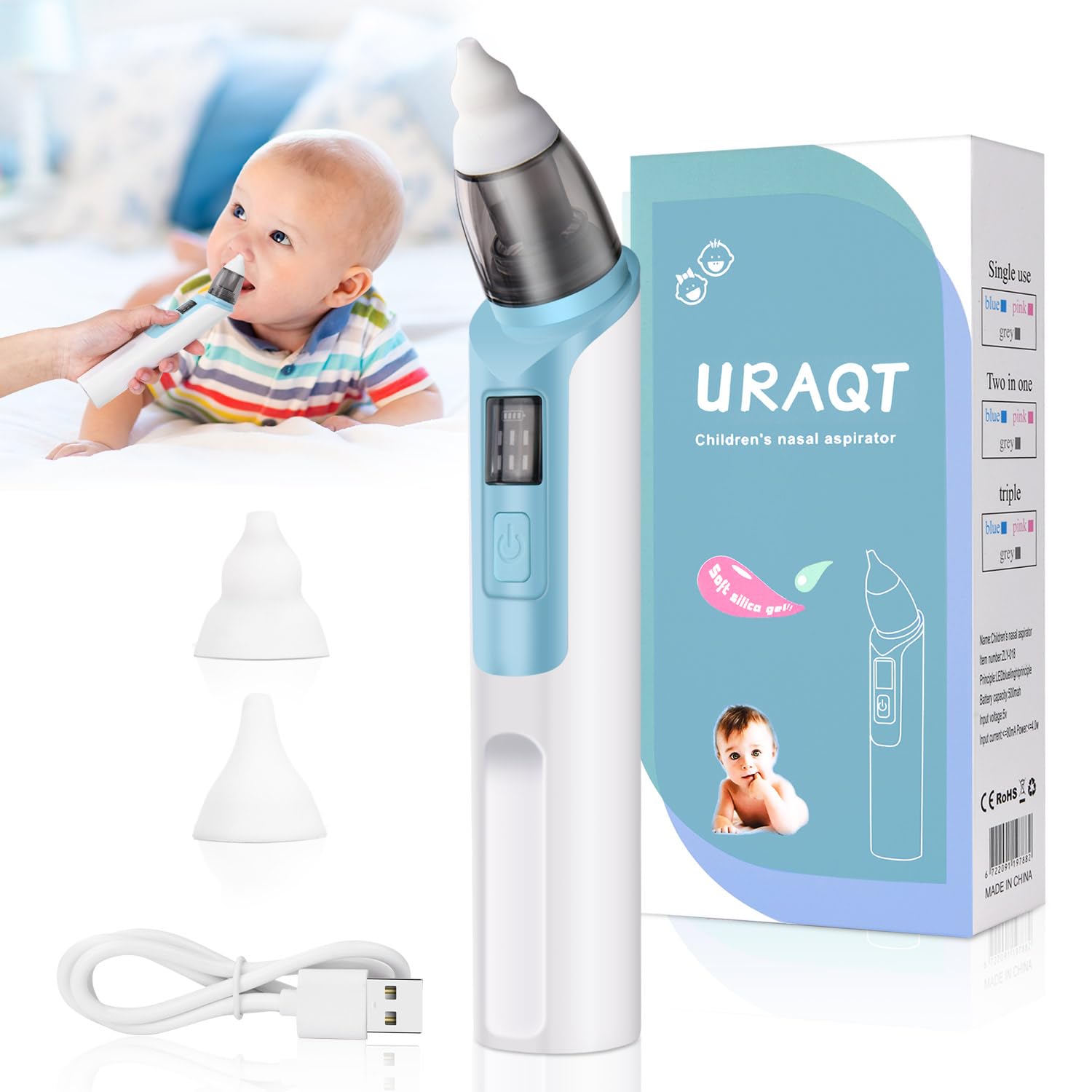 URAQT Baby Nasal Aspirator, Baby Nose Sucker Electric Nose Cleaner with 6 Suction Levels and 2 Sizes Silicone Tips, Anti-backflow Nose Vacuum Cleaner Rechargeable Nasal Sucker for Newborns, Toddlers