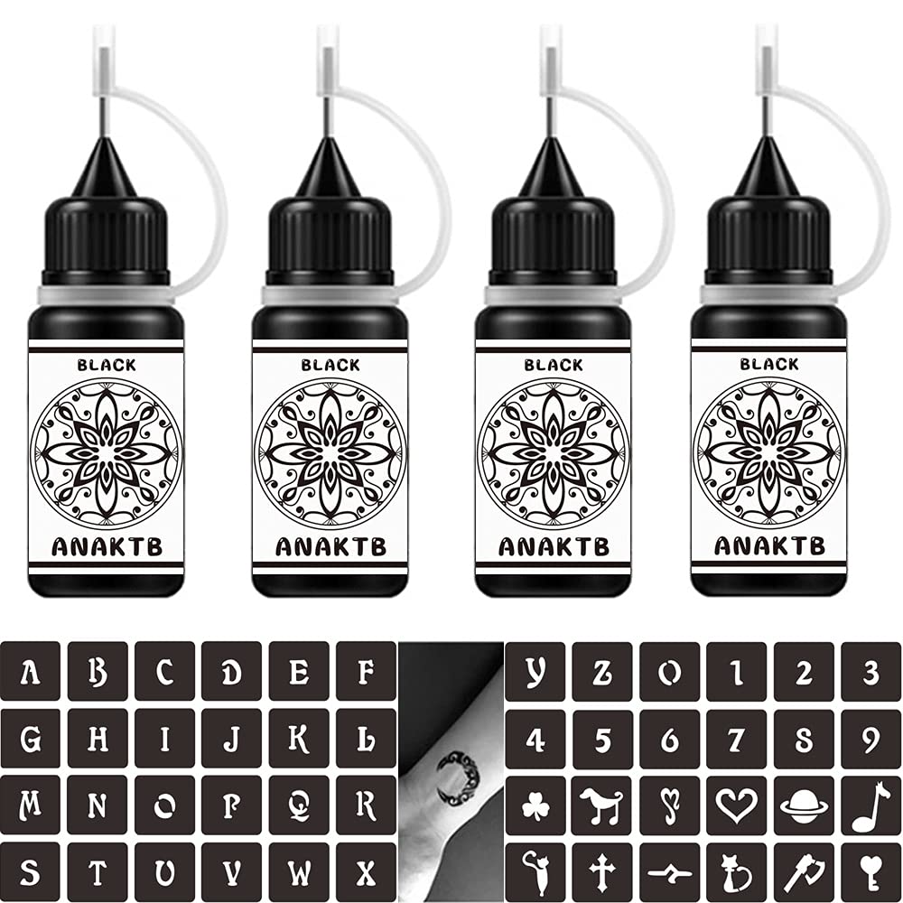 ANAKTB Temporary Tattoo Kit, 4 Bottles Temporary Tattoo Ink with Tattoo Stencils, Waterproof Fake Tattoos, Semi Permanent Tattoo for Women Men Kids Body Makeup DIY Painting Art Fake Freckles