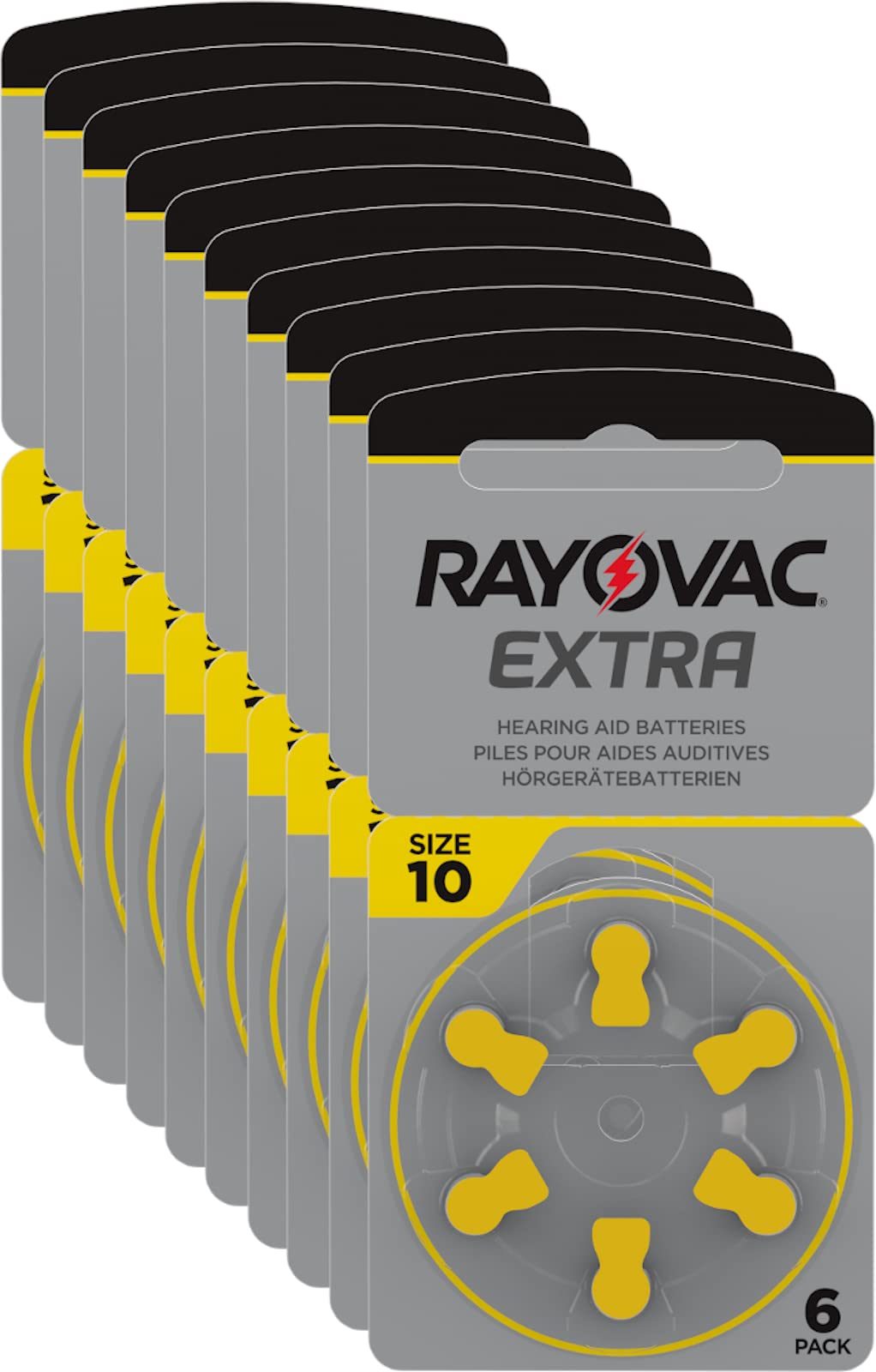 Rayovac Extra Advanced Zinc Air Hearing Aid Battery, Pack of 10, with 60 Batteries, Suitable for Hearing Aids Hearing Aids Sound Amplifier, Yellow