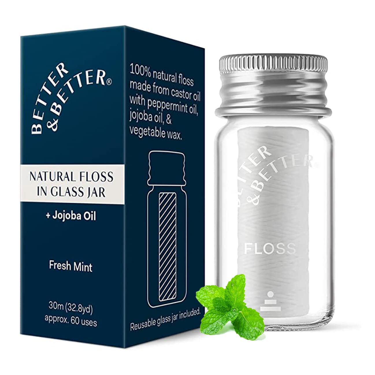 Better & Better Natural Floss in Refillable Glass Jar | Zero Plastic Oral Care - 100% Plant-Based Waxed Dental Floss | Natural Dental Floss in Glass Jar | Vegan Floss & Eco Floss Non Toxic, 1 Spool