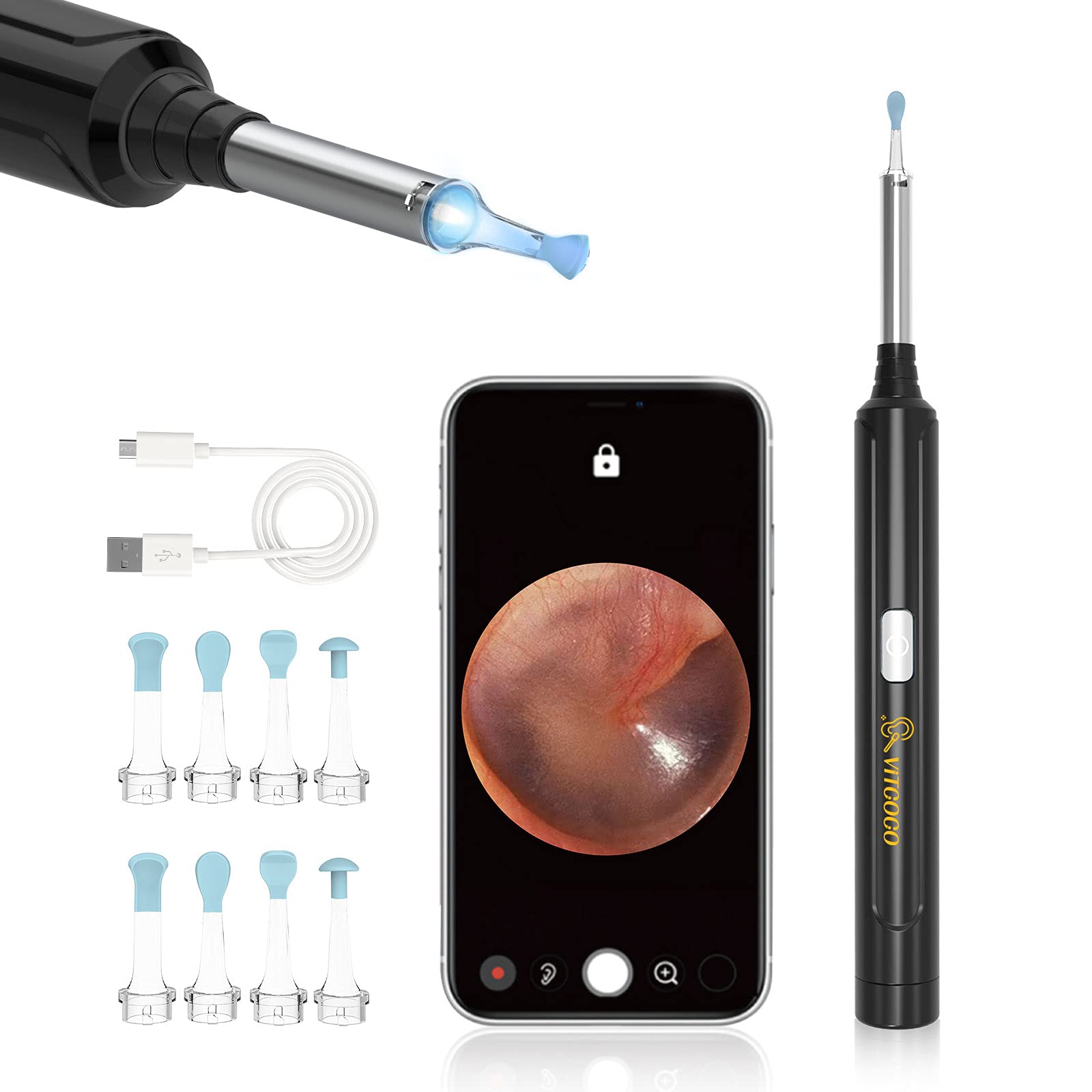 VITCOCOEar Wax Removal Kit Ear Camera 1296P High-Definition Earwax Cleaner Portable USB Charging Visible 6 LED Otoscope for iPhone, Ipad, Android