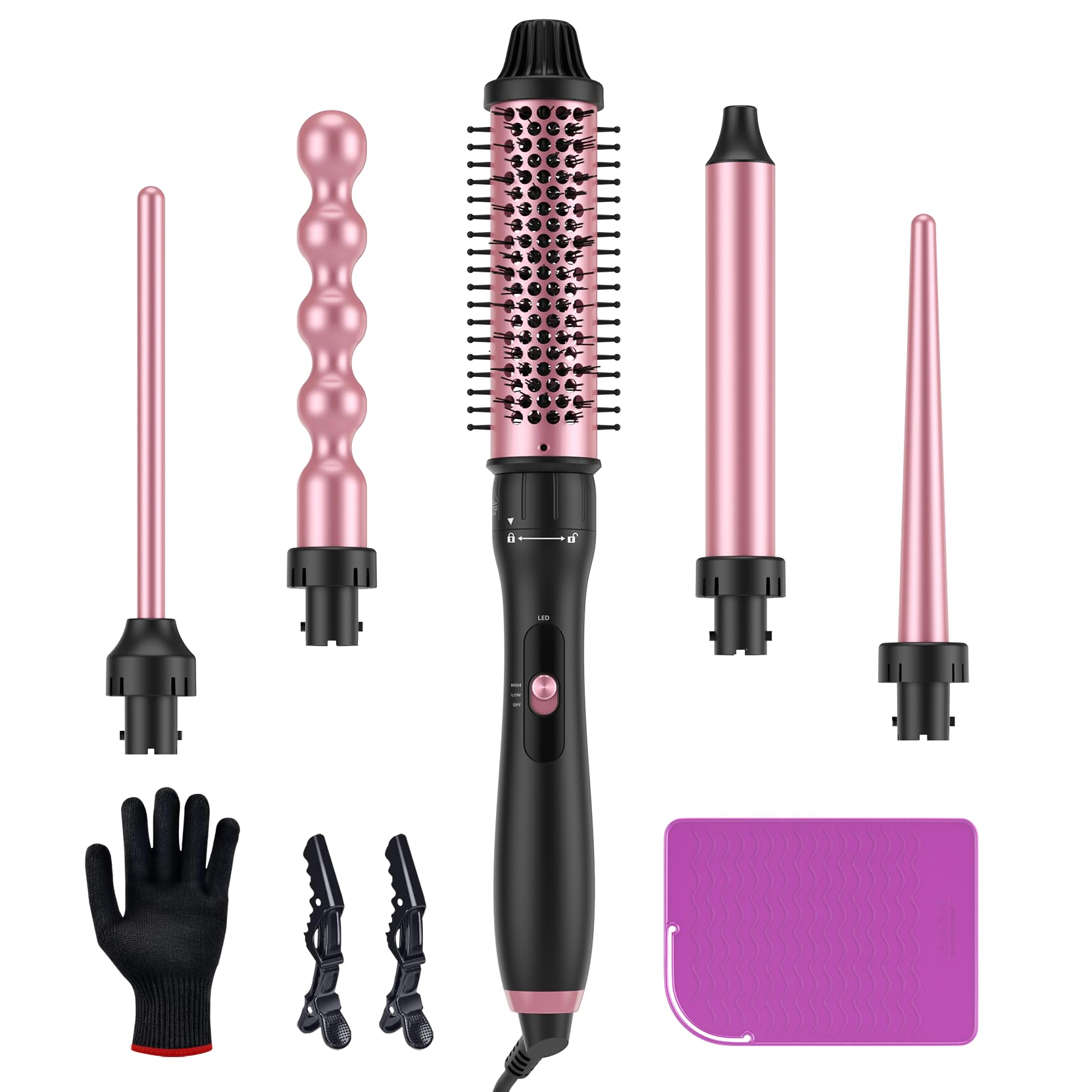 LANDOT5-in-1 Curling Tongs Wand Set: Curling Iron Set with Thermal Brush 38mm and 4 Interchangeable Ceramic Curling Wands (9mm-32mm) - Hair Curler Instant Heat Up Long Lasting Curls