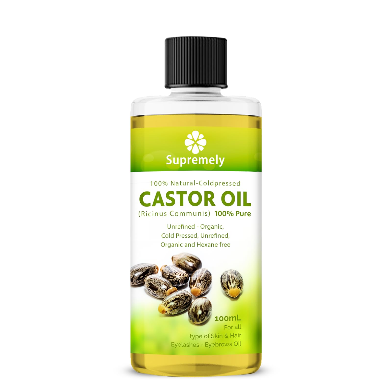 SUPREMELYCold Pressed Castor Oil 100ml - Pure, Natural, Vegan, Hexane-Free, No GMO Multipurpose Hair & Skin Care Eyelashes and Eyebrow Hair Growth