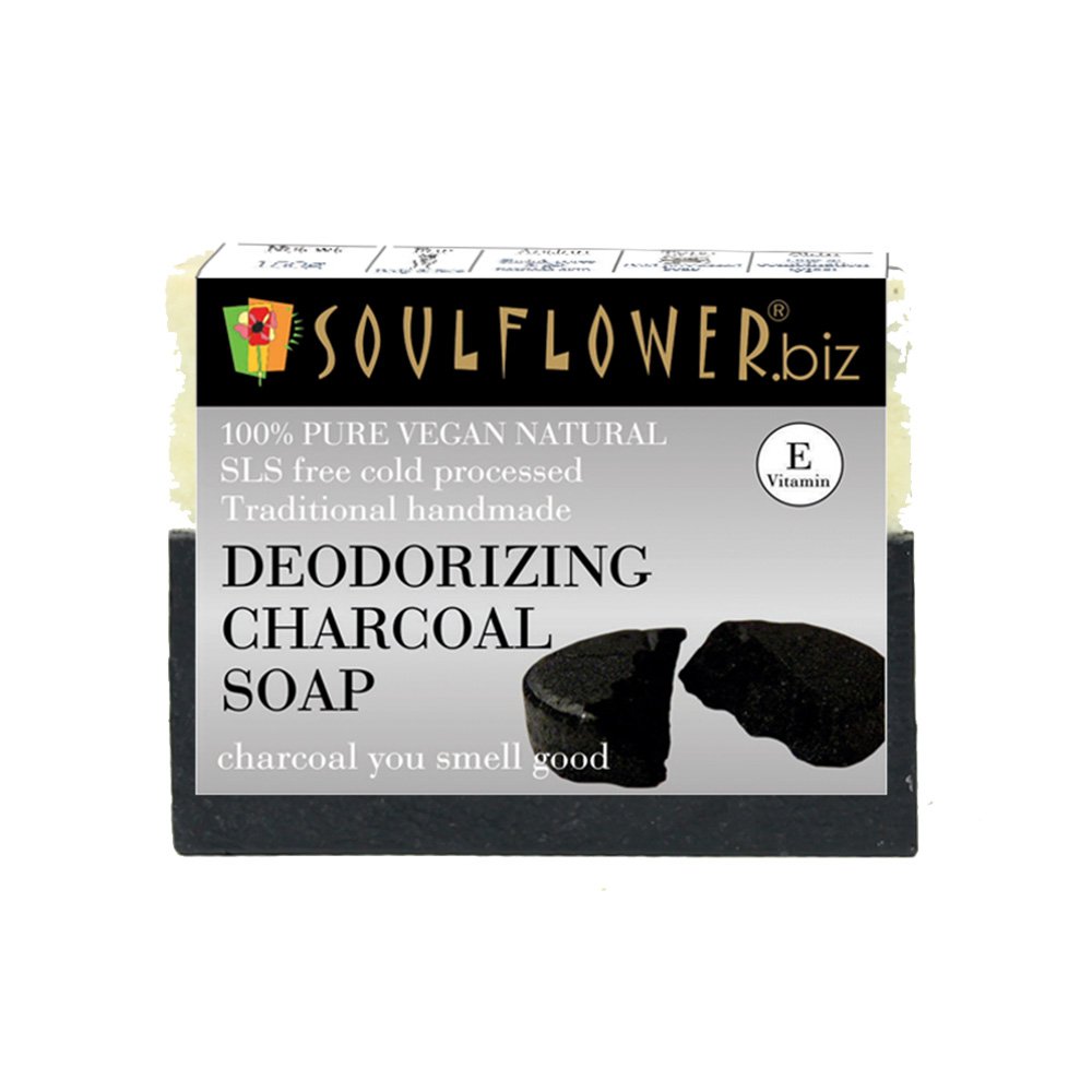 Soulflower Organic Activated Charcoal Soap Men & Women for Detoxifying, Pore Cleansing & Body Odour | 100% Natural, Handmade, Vegan, Vitamin E| 150g