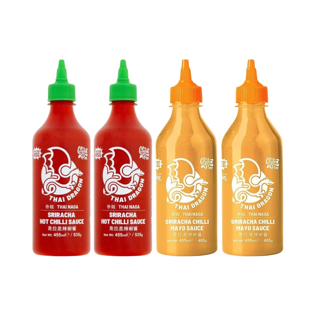 Hot Sauce Bundle Containing Sriracha Thai Dragon Hot Chilli Sauce 455ml 2pk & Sriracha Chilli Mayo 455ml 2pk (4 Pack)