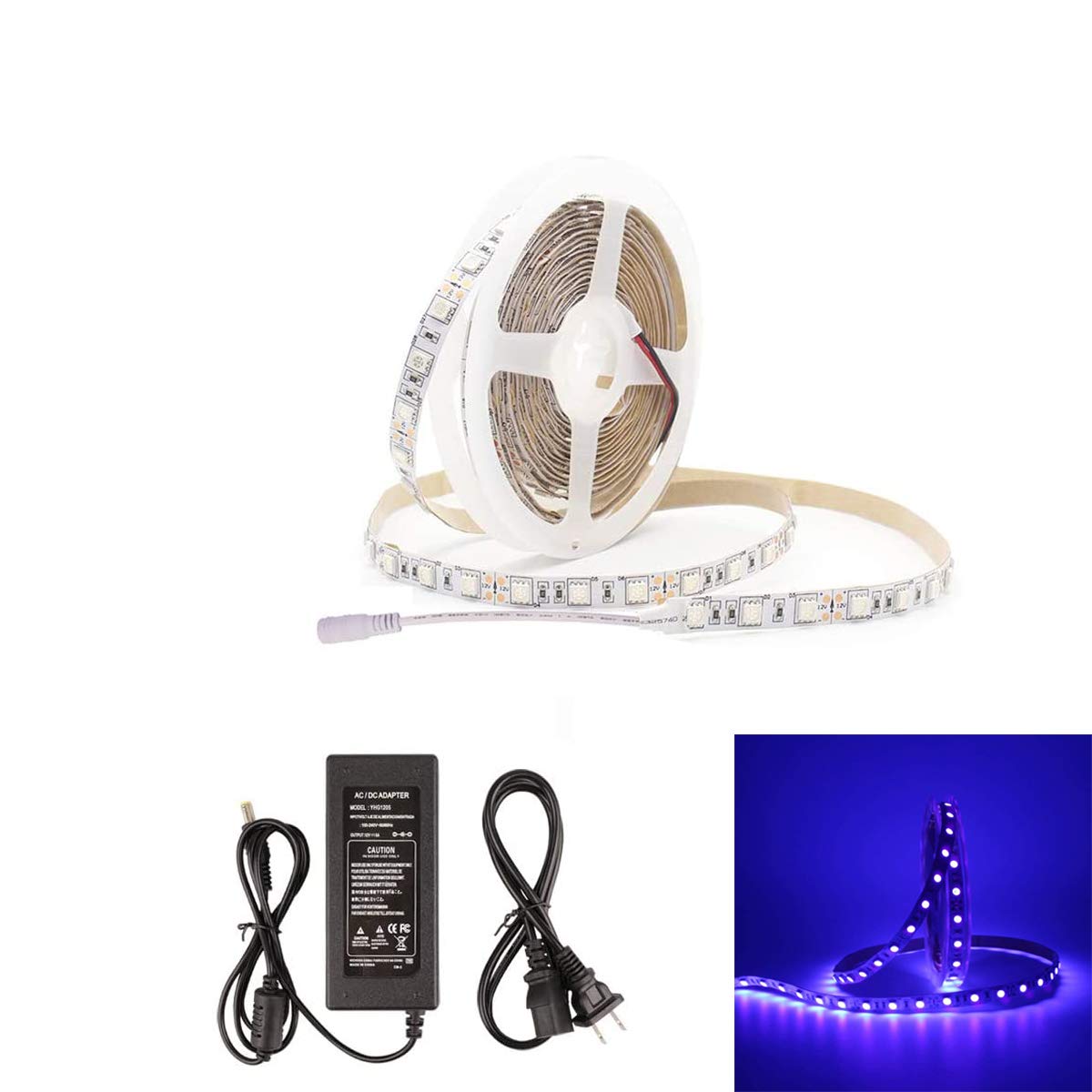 UV/Ultraviolet LED Strip Light Purple SMD 5050 16.4FT/5M 300 LEDs 12V LED Light for Indoor Party, Body Paint, Wedding