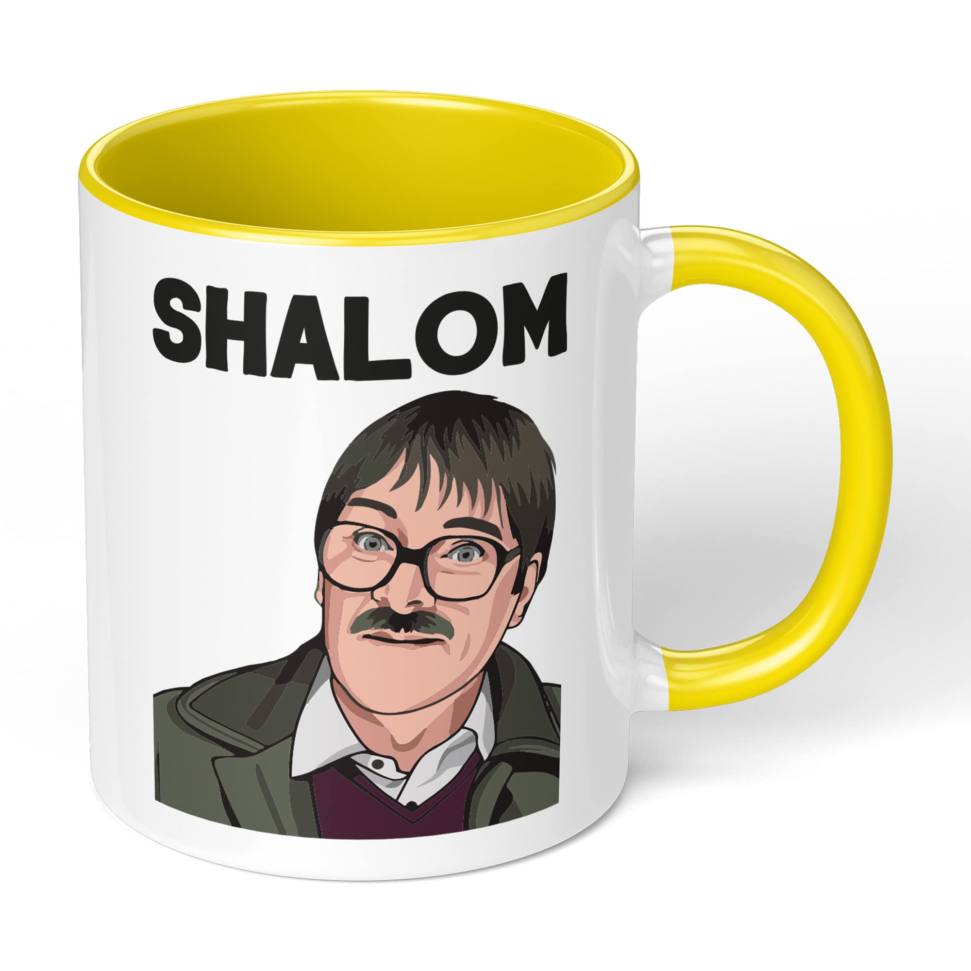 Print Maniacs Shalom Mug Gift Christmas Birthday Funny Friday Night Dinner Jim Cartoon Present (Yellow Fill Mug)