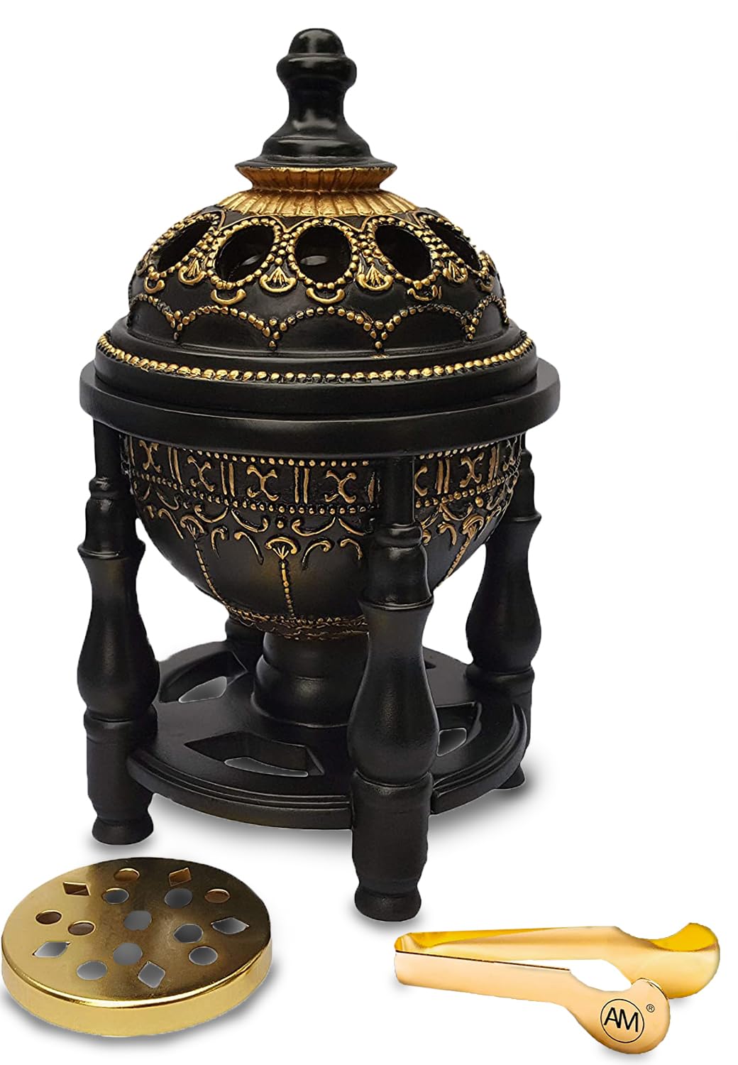 AM Charcoal Incense Burner - Bakhoor Burner, Oud Frankincense Resin Burner - for Office & Home Decor - Lavish 4 Pillar Black