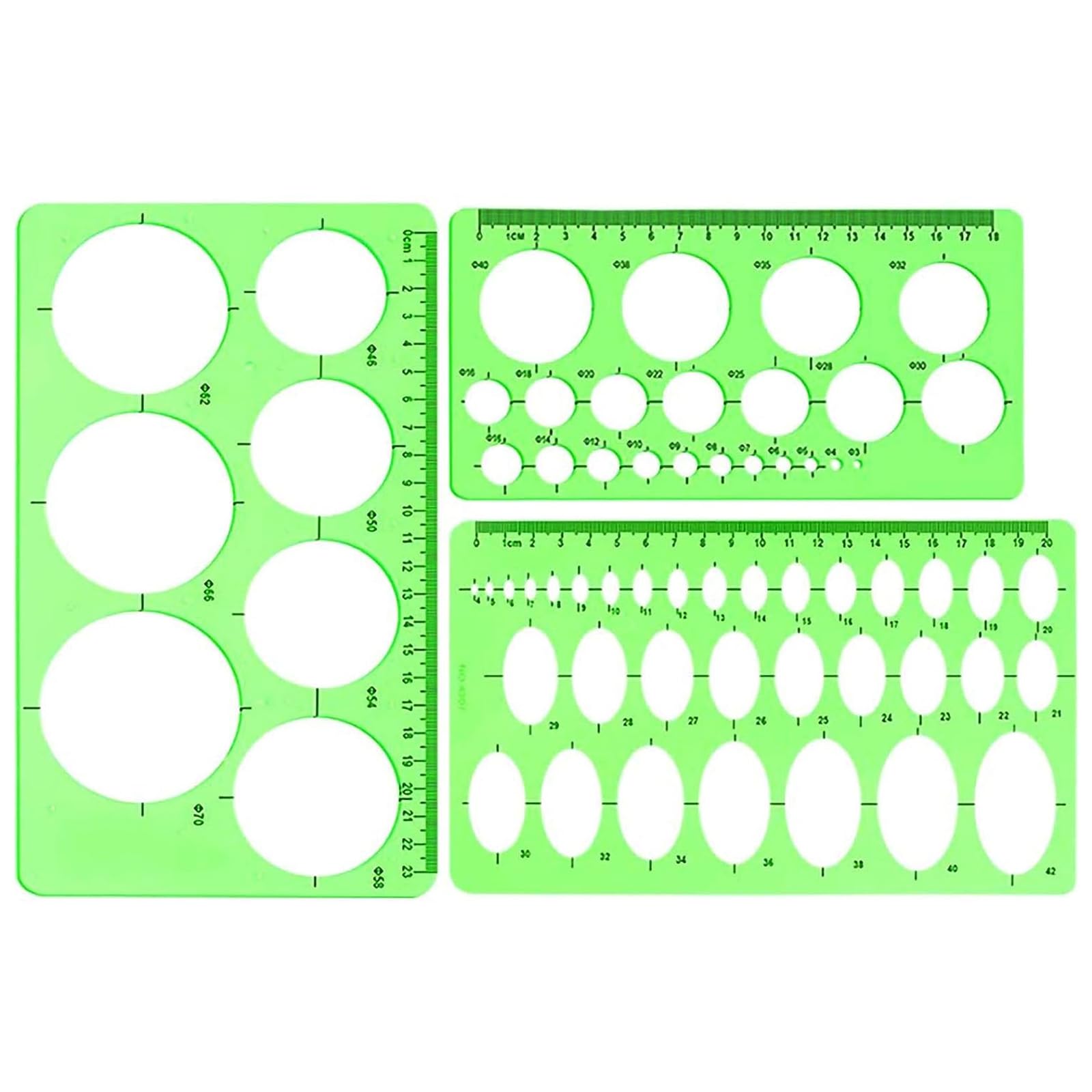 VELEGO 3 Pieces Circle and Oval Stationery Template, Clear Green Plastic Measuring Template Ruler, Geometric Ruler Template Digital Drawing for Office and School, Drawing Templates (3 Styles)