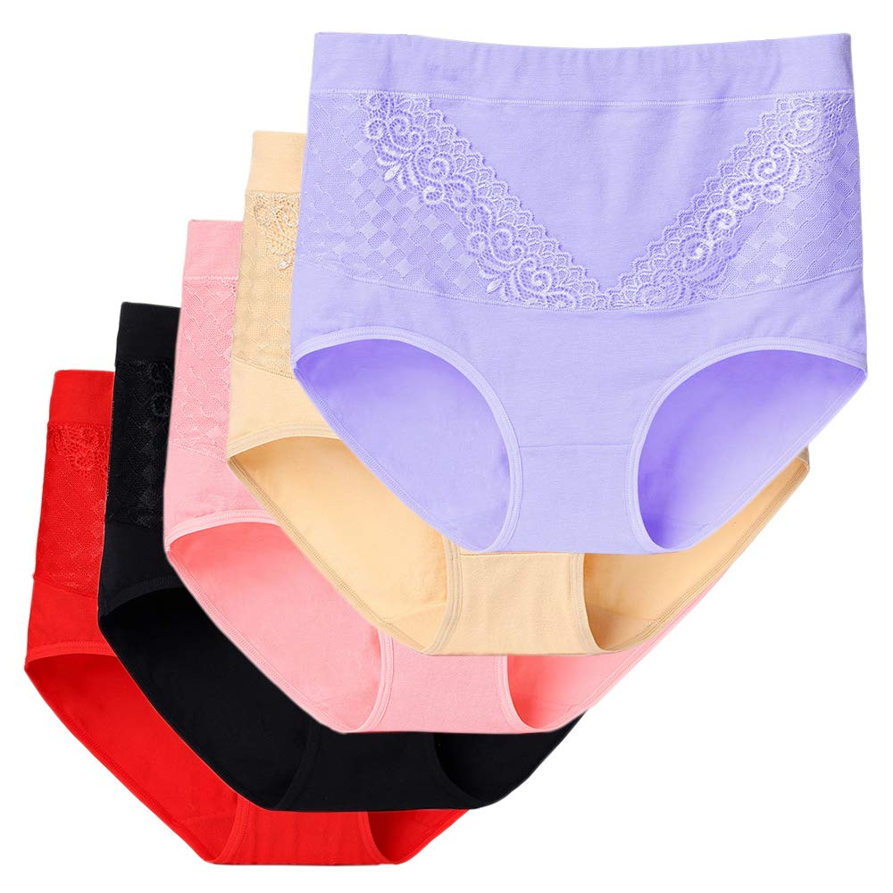 Women's Cotton Underwear 5 Pack Briefs Sexy lace Middle Waist Full Coverage Wide Waistband Ladies Girls Panties Underpants