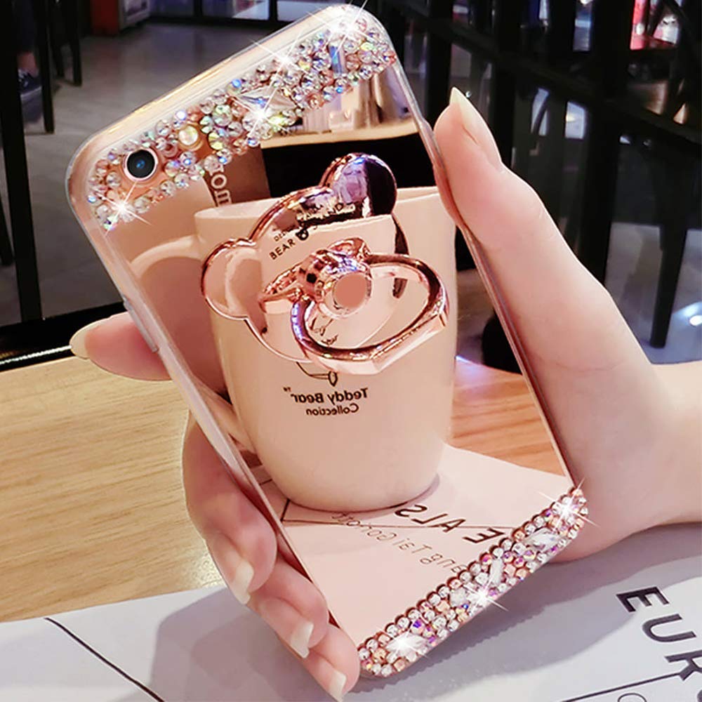 LAPOPNUT Bling Case for iPhone 6 Plus iPhone 6S Plus Rose Gold Case Luxury Crystal Rhinestone Soft Rubber Bumper Cover Glitter Diamond Mirror Makeup Case with Cute 3D Bear Shape Ring Stand Holder