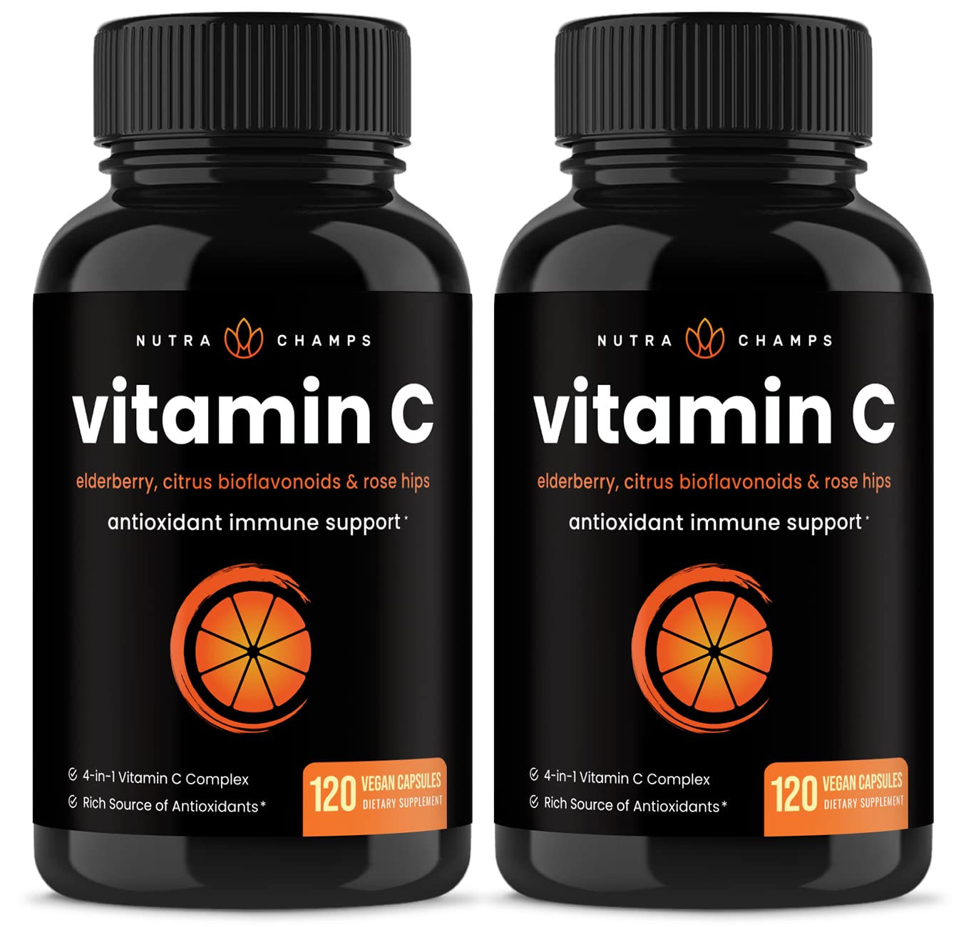 NutraChamps (2 Pack) Vitamin C 1000mg with Elderberry, Citrus Bioflavonoids & Rose HIPS - 120 Capsules Vegan, Non-GMO Antioxidant Supplement for Immune Health & Collagen Production 500mg Powder Pills