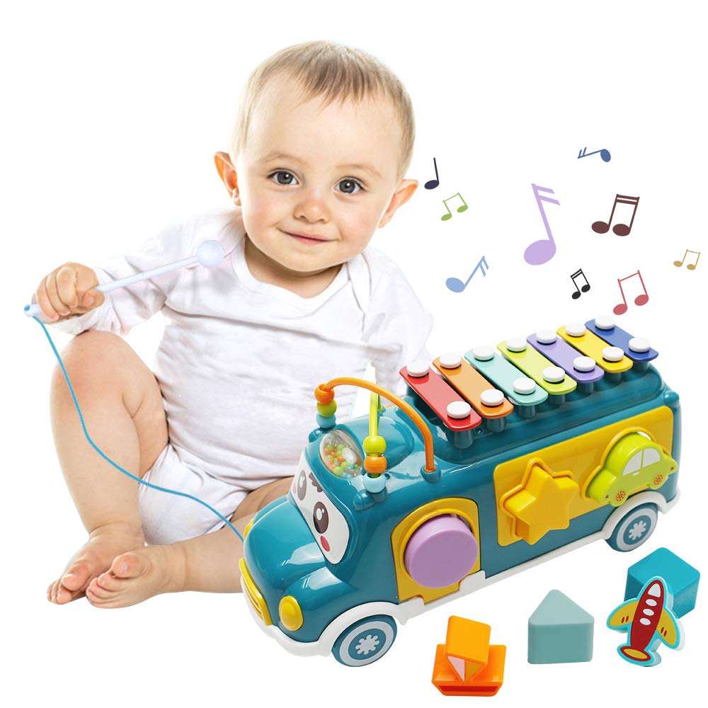 Baby Xylophone Pull Along Toys - Baby Musical Toys Bus Xylophone Percussion Instrument with Child-Safe Stick Shape Sorter Color Recognition Early Educational Toy for 12-18 Months+ Toddlers Boys Girls