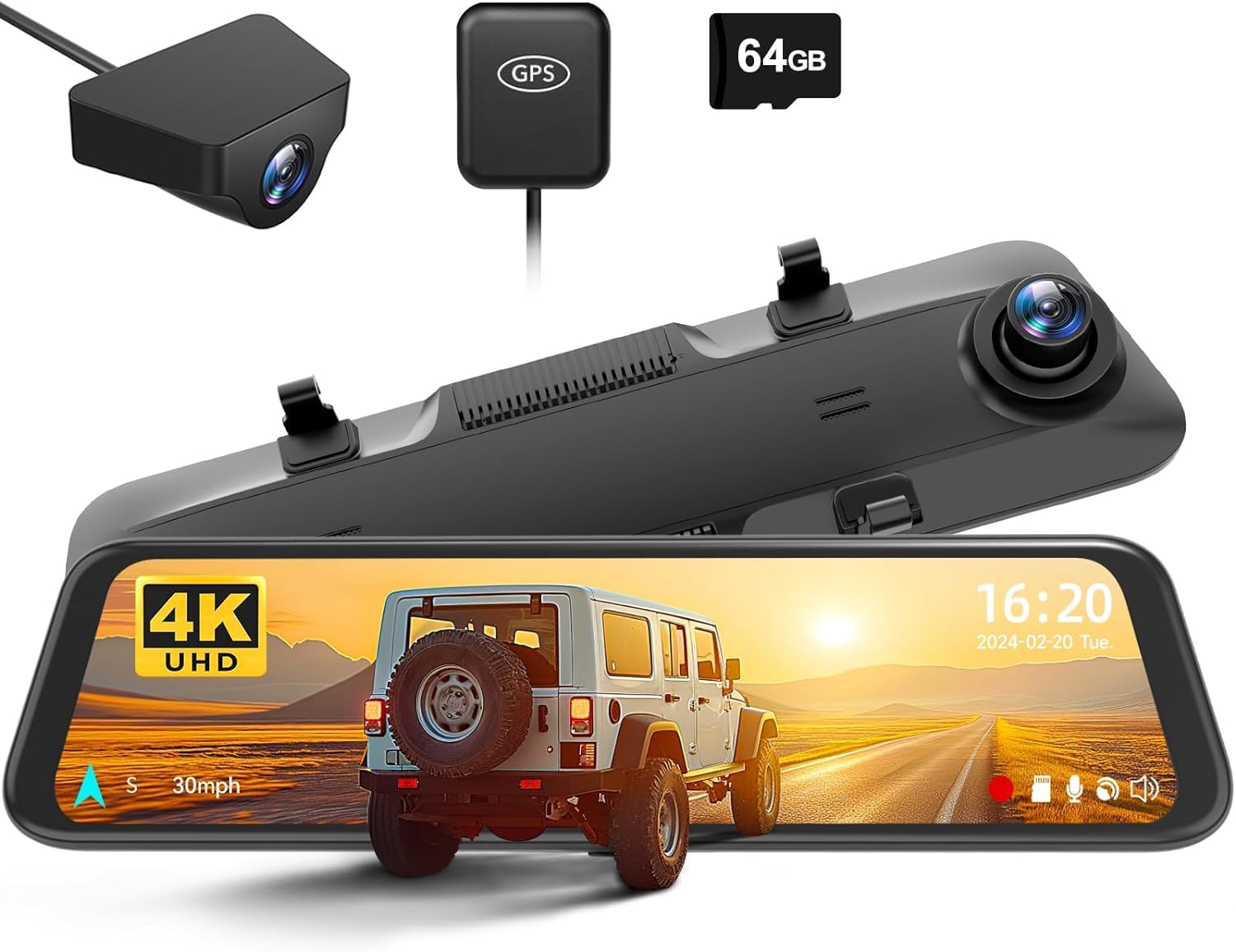 TECHVIDA4K+2.5K Front and Rear View Mirror Camera, Smart 12" Full Touch Screen Mirror Dash Cam, Backup Camera with 1080P Rear Camera, Dash Cam with WDR Camera,Night Vision,Free 64GB Card & GPS