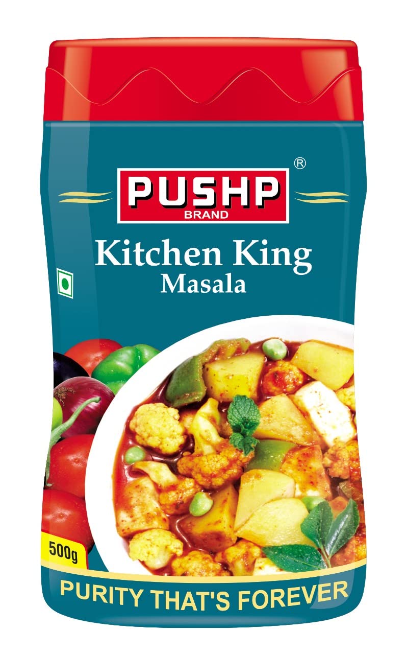 Pushp Brand Kitchen King Jar (500Gram Pack Of 1) - Anise, Bay, Caraway, Cardamom, Cinnamon, Cumin, Fennel, Fenugreek, Garlic, Ginger, Mint, Turmeric, Powder