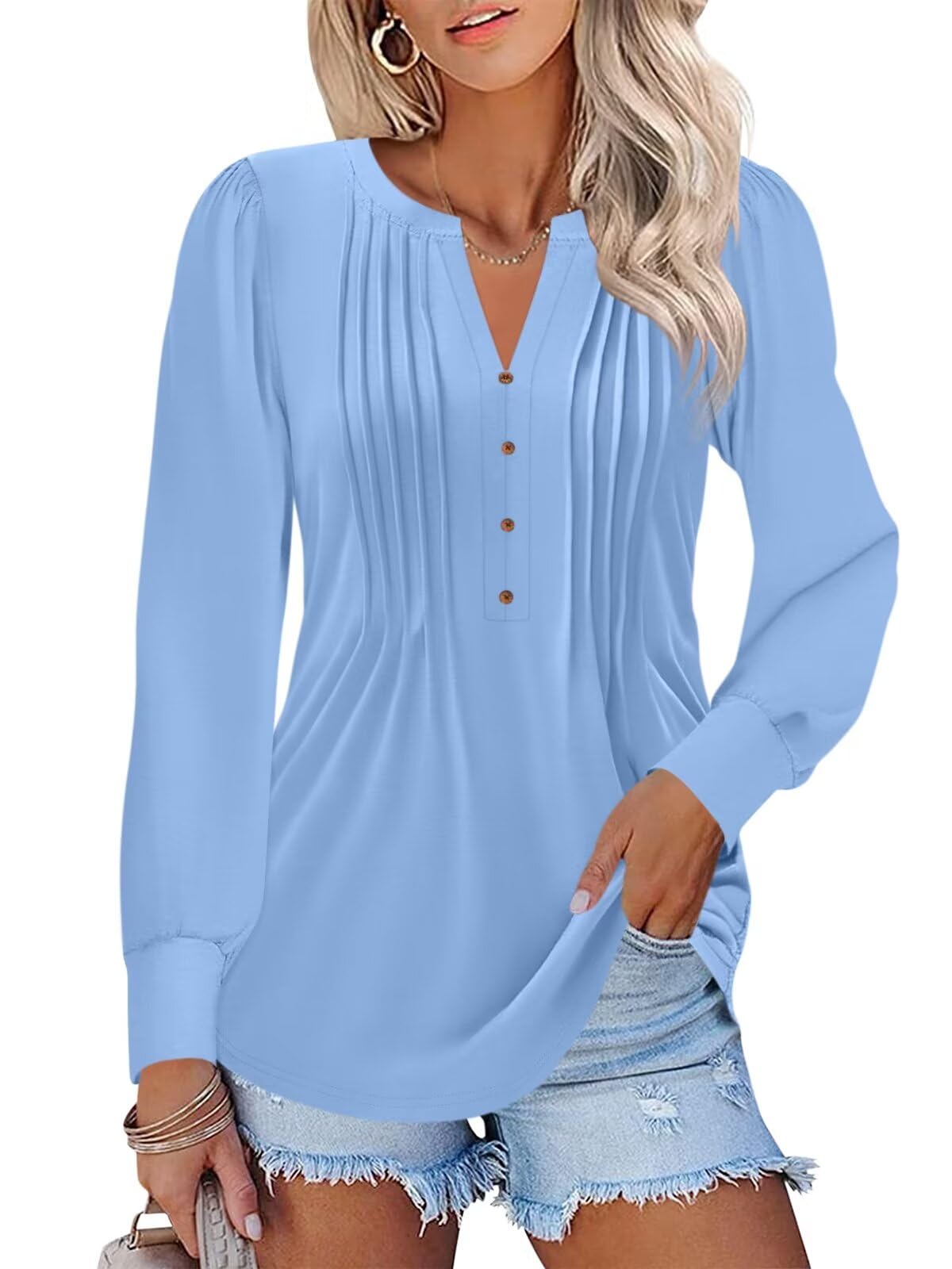 MinetomWomen's Puff Long Sleeve Tops Pleated V Neck T Shirts Button Down Shirts Casual Tunics Blouses