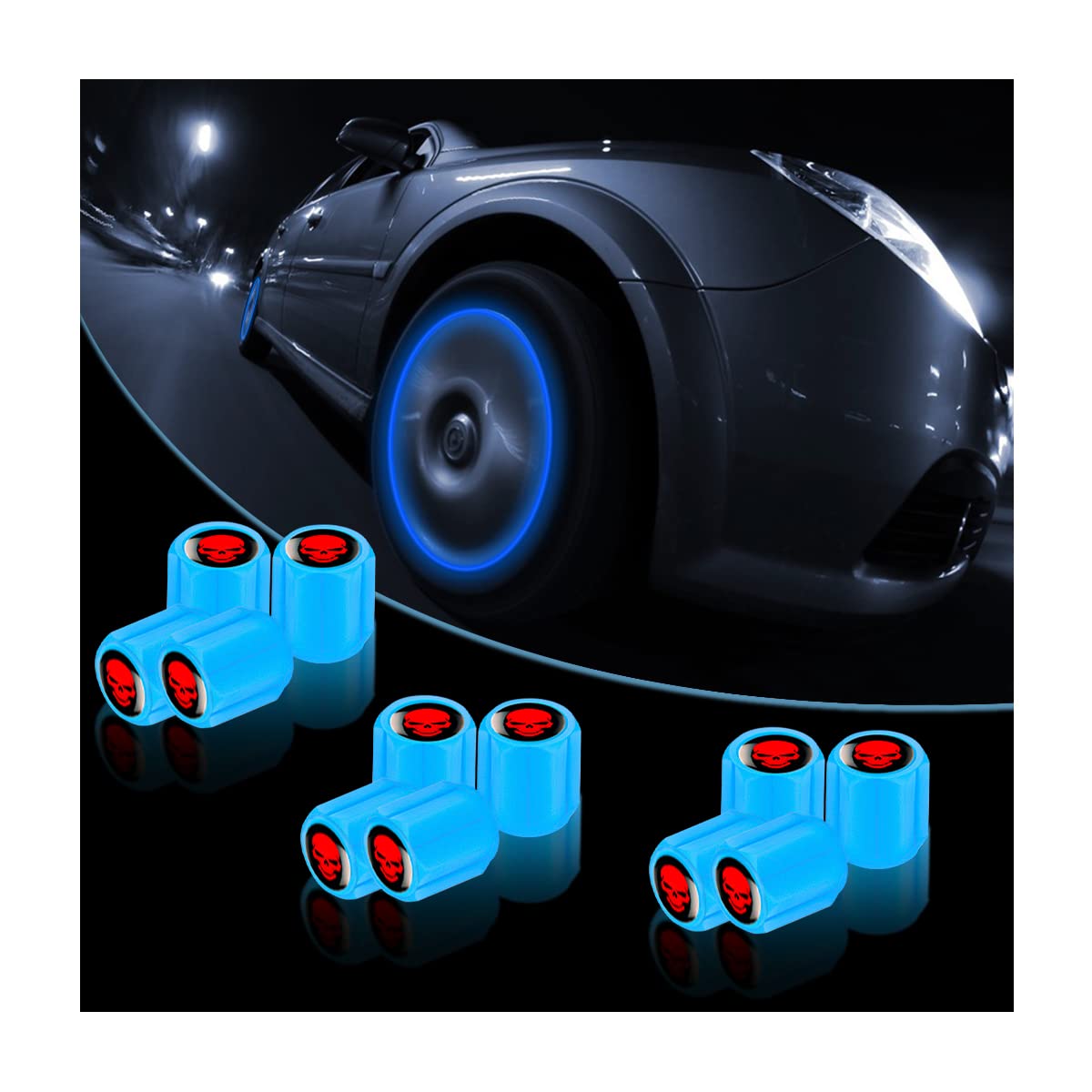 12PCS Fluorescent Skull Tire Valve Stem Caps, Car Corrosion Resistant Wheel Valve Cover, Luminous Illuminated Skull Glow in The Dark, Auto Decor Accessories for Motorcycles, SUV, Car (Blue)