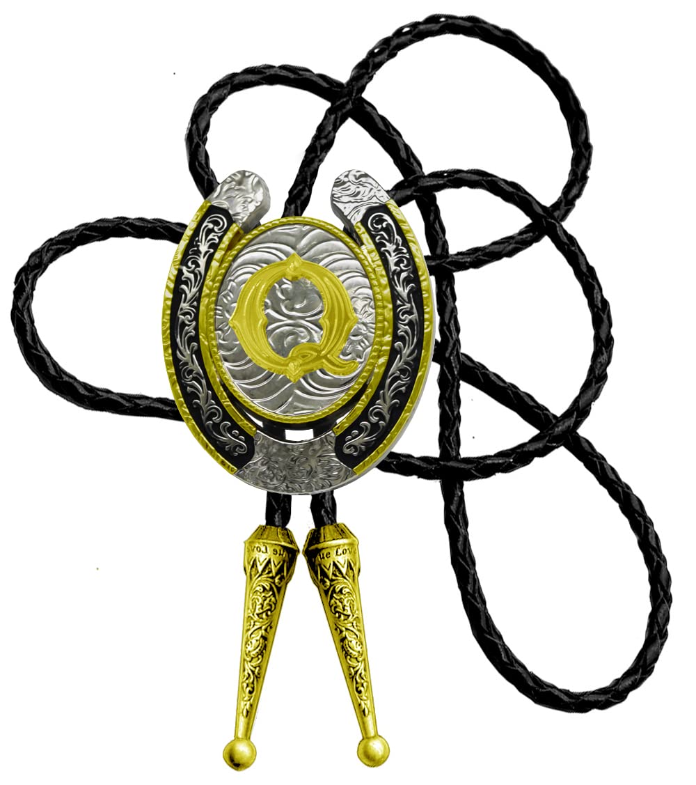 Moranse Upgrate Bolo Tie Golden Initial Letter A to Z In Western Cowboy Horseshoe Style with Cowhide Rope Necktie