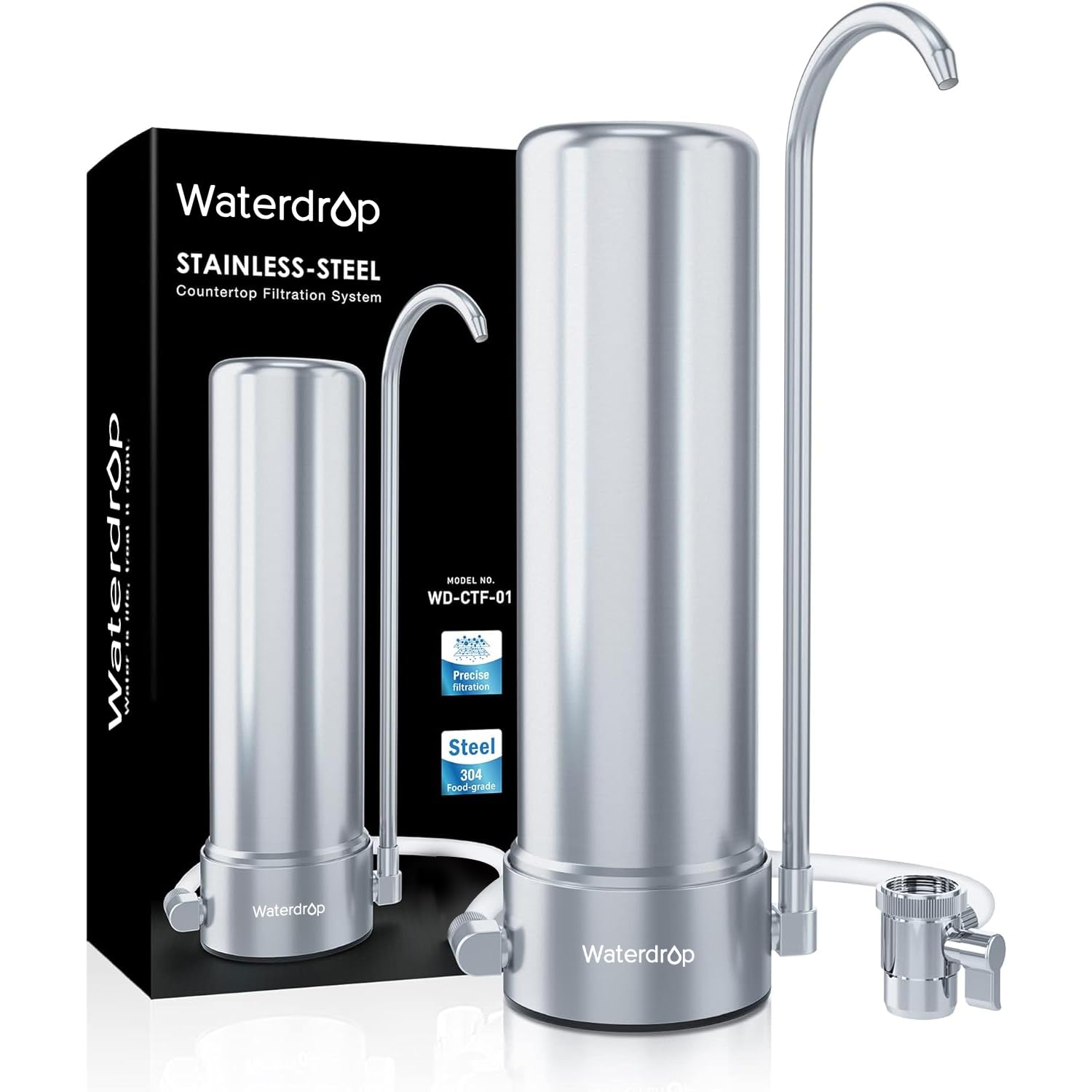 Waterdrop WD-CTF-01 Countertop Filtration System, 304 Food-Grade Stainless Steel, 6-Stage Faucet Water Filter, Long-Lasting Life, Removes 99% of Chlorine, Heavy Metals, Bad Taste (1 Filter Included)