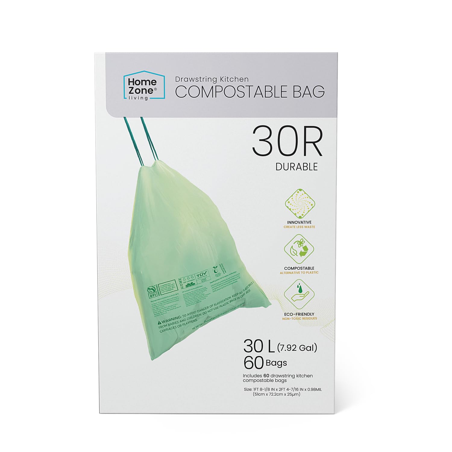 Home Zone Living8 Gallon Compostable Kitchen Trash Bags with Drawstring Handles, BPI-Certified Eco Friendly, Heavy Duty Custom Fit for 30 Liter Recycling Trash Can Liner, Code 30R, 60 Count, Green