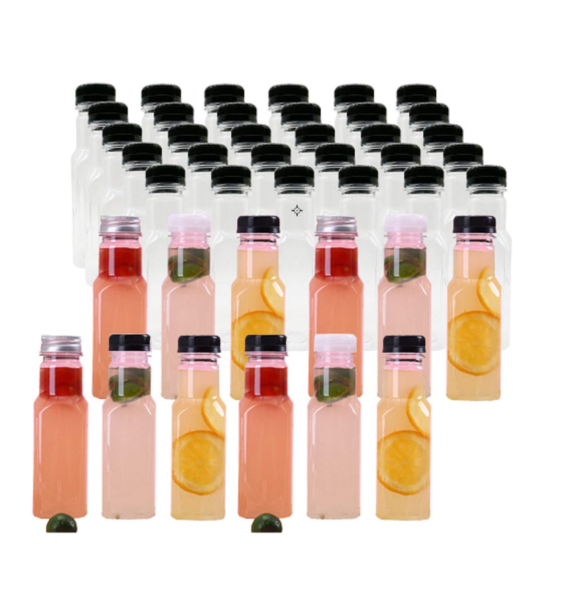 SOHAPY 35Pcs 10 OZ Empty PET Plastic Juice Bottles with caps Clear Square Reusable Clear Disposable Milk Bulk Containers Great for Storing Homemade Juices Water Smoothies Tea Beverages Food Grade