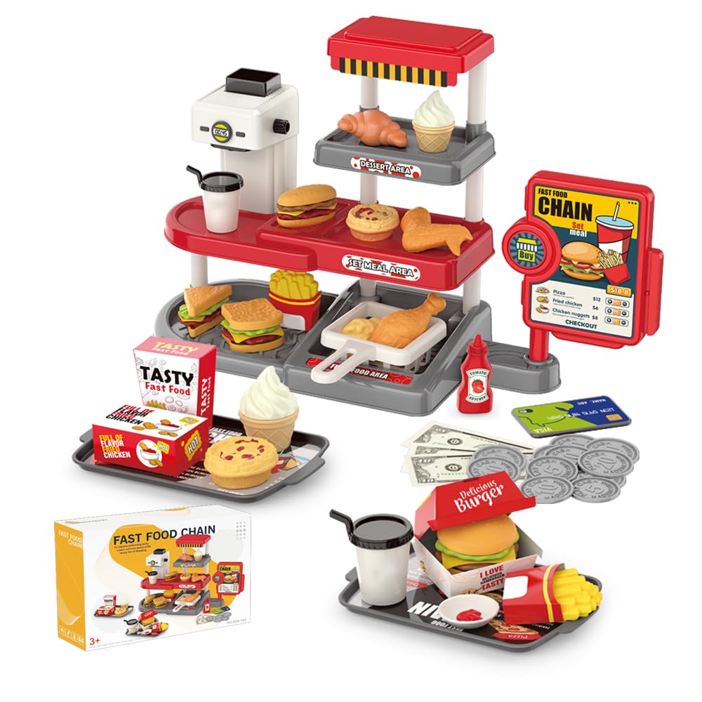 Pretend Play Fast Food Store TOY with Realistic Coffee Machine Card Reader Food Shop Playset with Simulate Hamburger Chips Sandwich etc Play Money Checkout Game for Kids