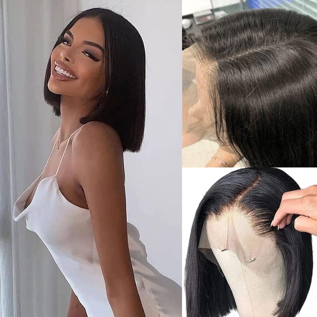 Natural Black Bob Premium Human Hair Lace Front Wigs for Black Women 13x4 Frontal Wigs Human Hair Pre Plucked Glueless Straight Bob Wigs with Baby Hair 180% (14")