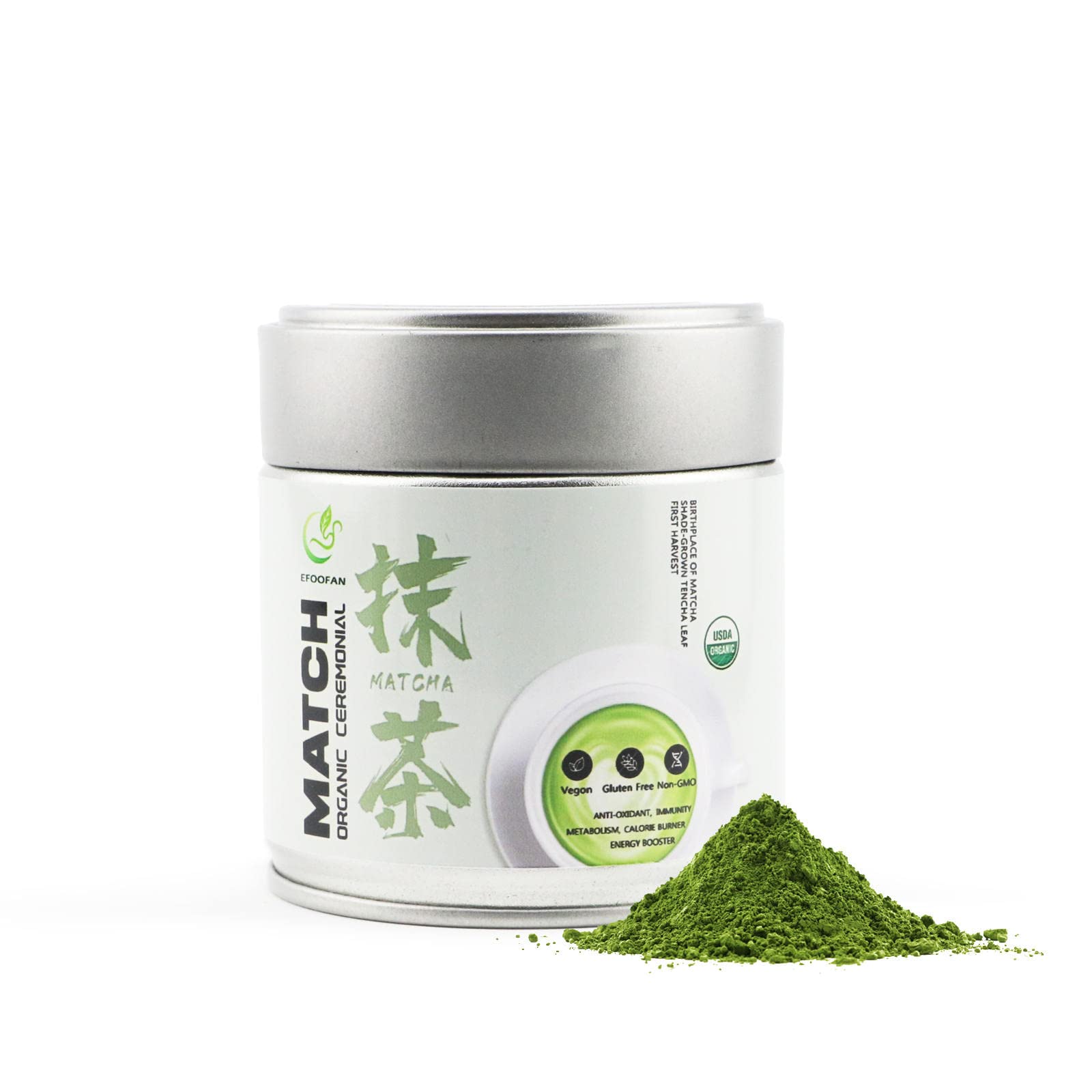 EFOOFANMatcha Organic Ceremonial Grade Green Tea Powder - (45g/1.59oz Tin) - No Sugar Added Macha for Lattes, Authentic Origin of Japanese Matcha, USDA/EC/JAS Certified