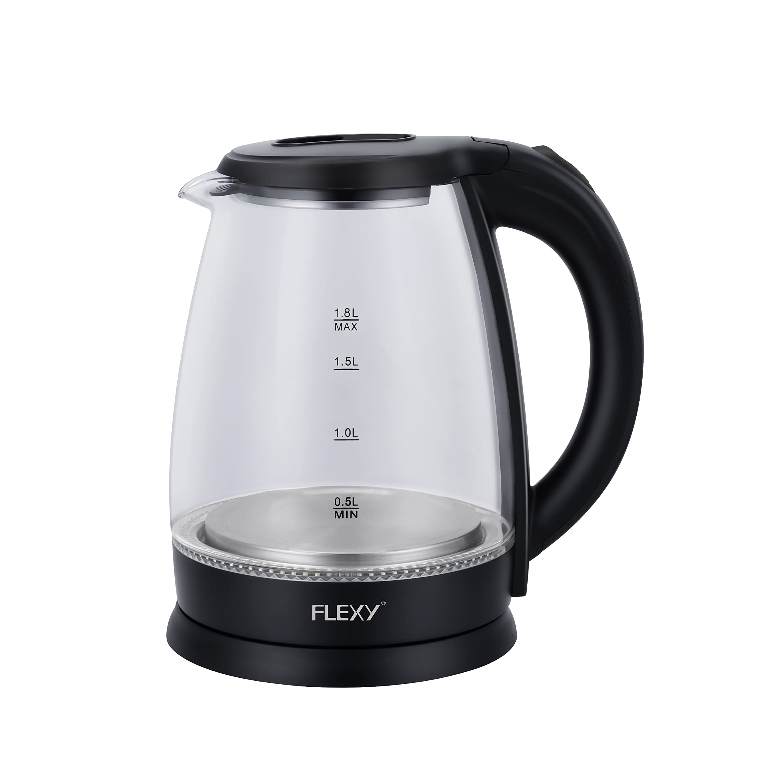 FLEXY®1.8 Liter Glass Body Electric Cordless Kettle with 360° Swivel Base, Power Cord Storage, Auto Cut-off Function, LED Indicator, 1500 Watts