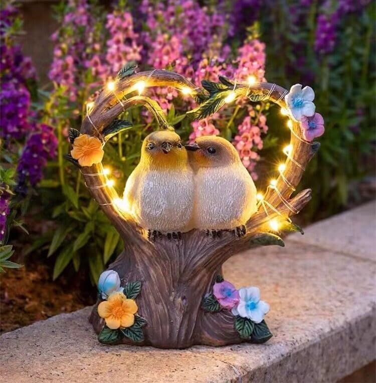 Tovotum Solar Owl Lovebirds Garden Statue,Garden Sculpture with Solar Led Lights,Outdoor Waterproof Handmade Resin Owls Statue,Lovebirds Figurine Decor for Pathway, Patio, Lawn (Lovebird)