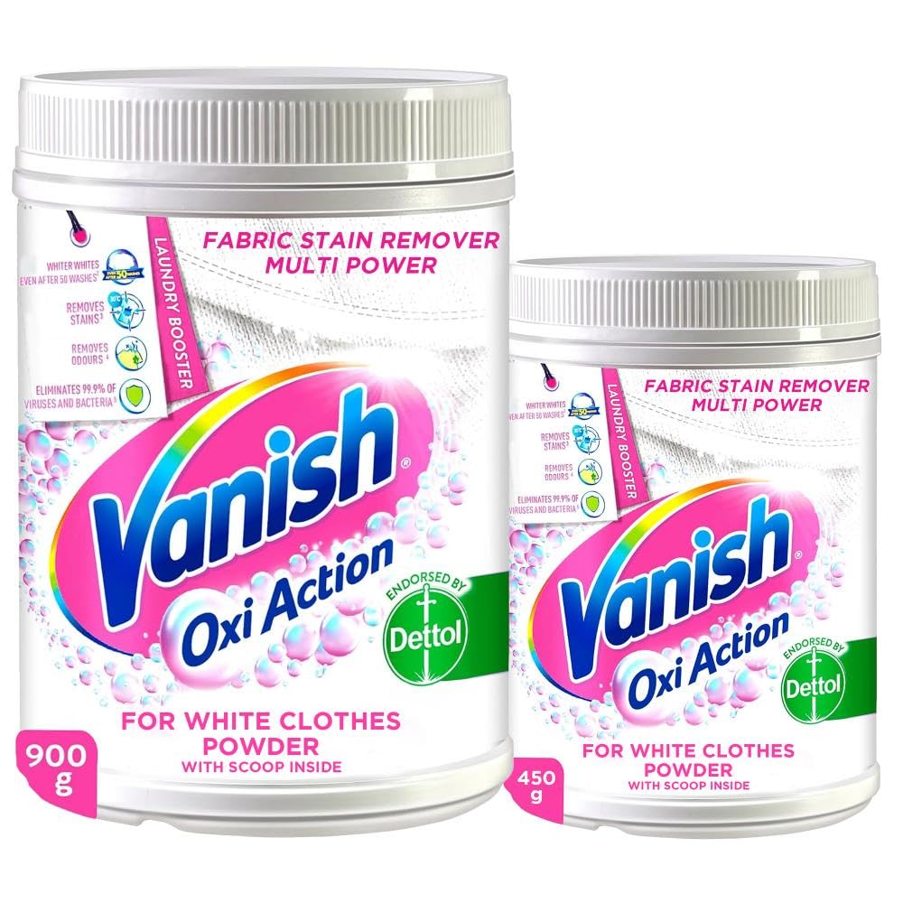 VanishOxi Action Crystal White Fabric Stain Remover Powder with Scoop, Ideal for Use in the Washing Machine, 900 g + 450 g Pack of 2