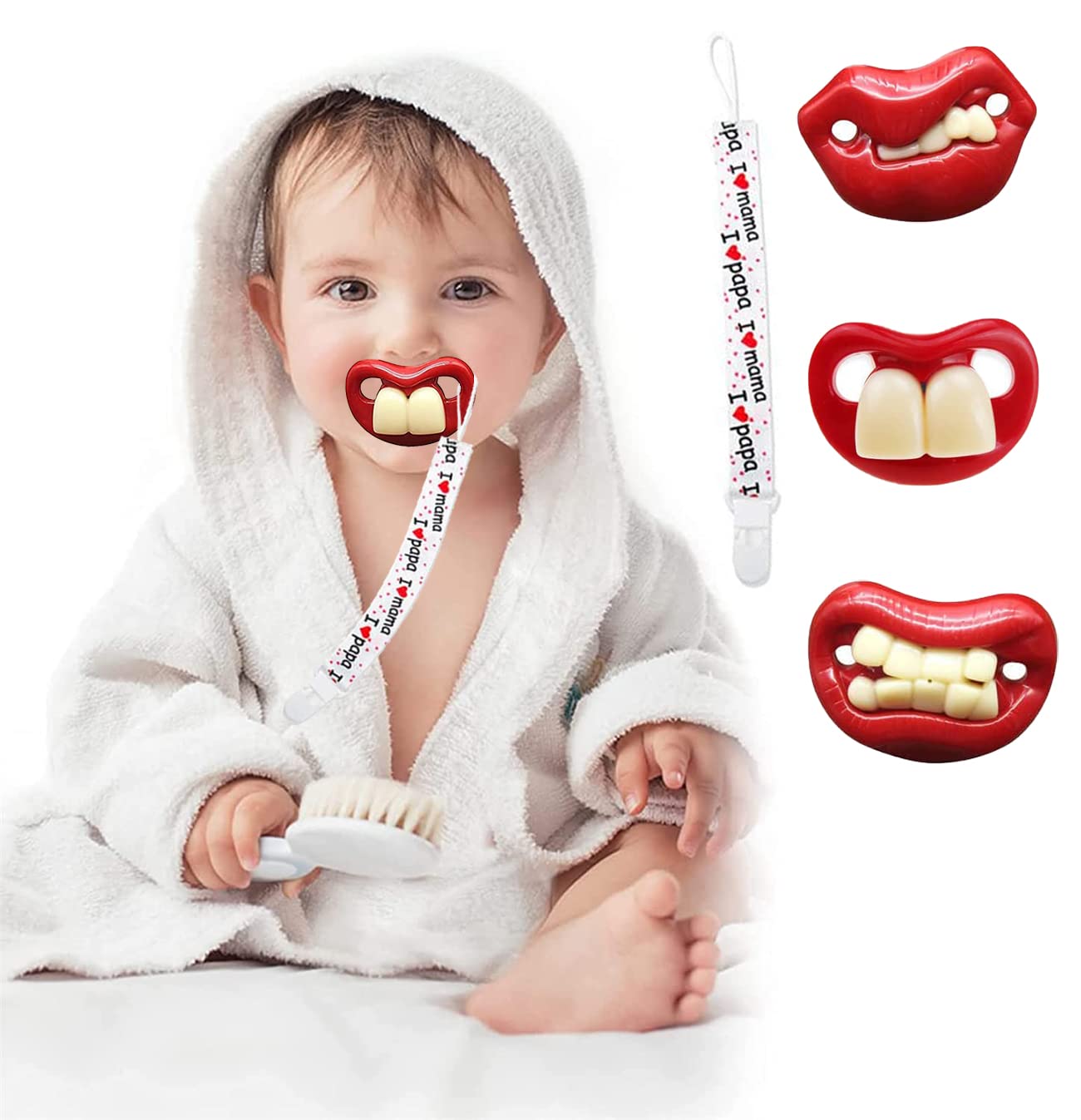 TOMVAESFunny Pacifier for Baby, 3 Pack Buck Tooth Pacifier Fake Big Teeth Pacifier, Soft Pacifiers with Teeth Food Grade Silicone Pacifier for Babies Health BPA Free (Fake Teeth Pacifier)