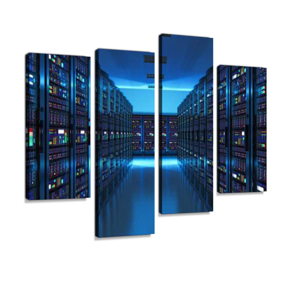 Server room interior in datacenter Canvas Wall Art Hanging Paintings Modern Artwork Abstract Picture Prints Home Decoration Gift Unique Designed Framed 4 panel