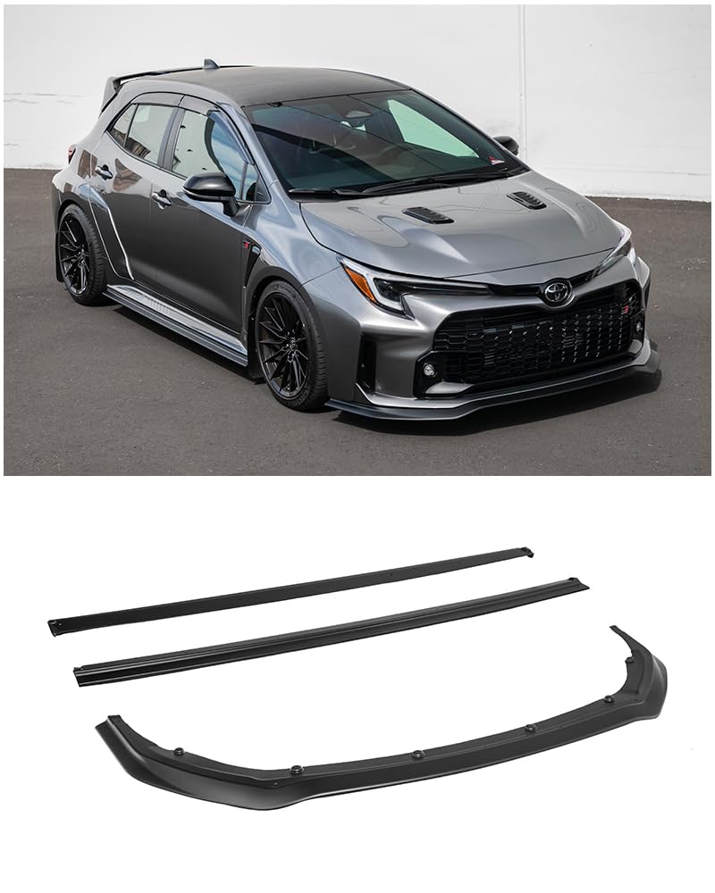 Replacement for 2023-Present Toyota E210 GR Corolla Models | GR Style Carbon Fiber Front Bumper Lip Chin Spoiler Splitter & Side Skirts Rocker Panel Extension Pair (ABS Plastic - Matte Black)