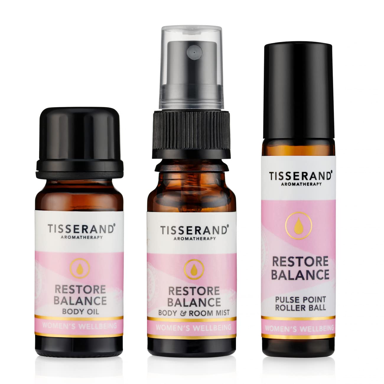 Tisserand Aromatherapy - Restore Balance Discovery Kit - Roller Ball, Body Oil & Mist - Perimenopause, Menopause & Menstruation Support Women - Rose, Clary Sage & Geranium - Natural Essential Oils