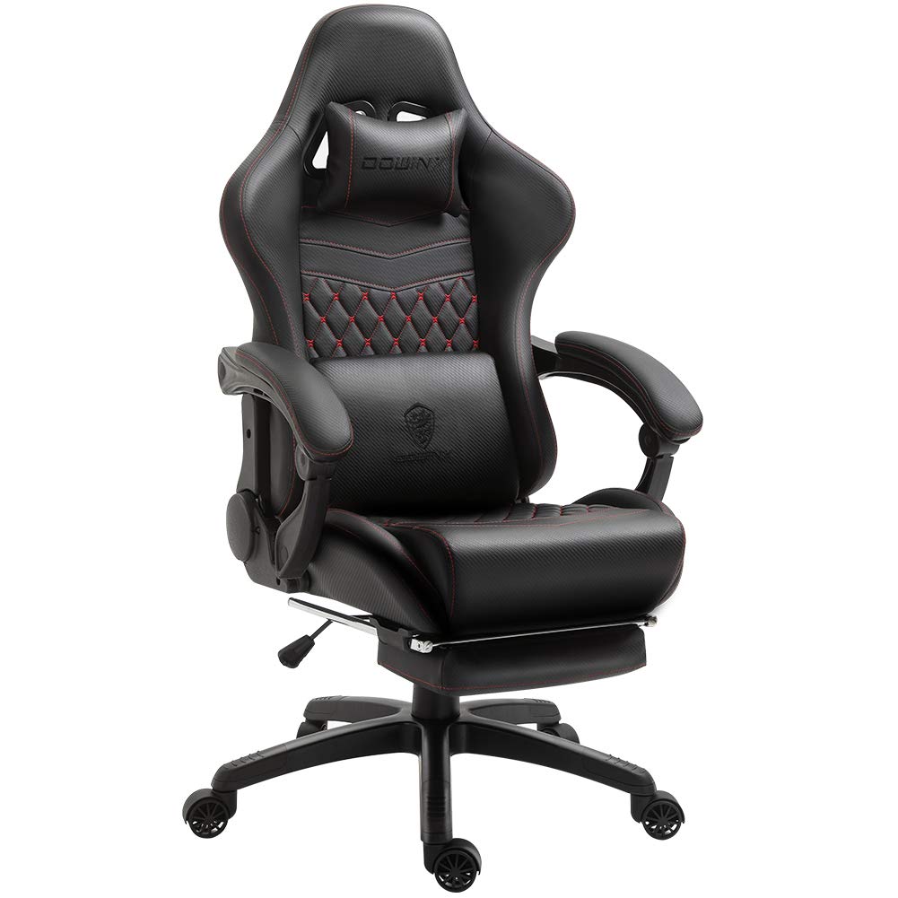 Dowinx Gaming Chair for Adults, Ergonomic Gaming Chair with Footrest, Massage Gamer Chair with Pocket Spring Cushion, Computer Chair PU Leather Black