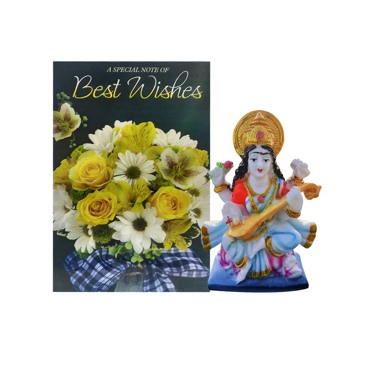 Saugat Traders Gift for Student - Maa Saraswati Idol Statue and Greeting Card - Farewell, Exams, Test, Interview, New Job, Promotion