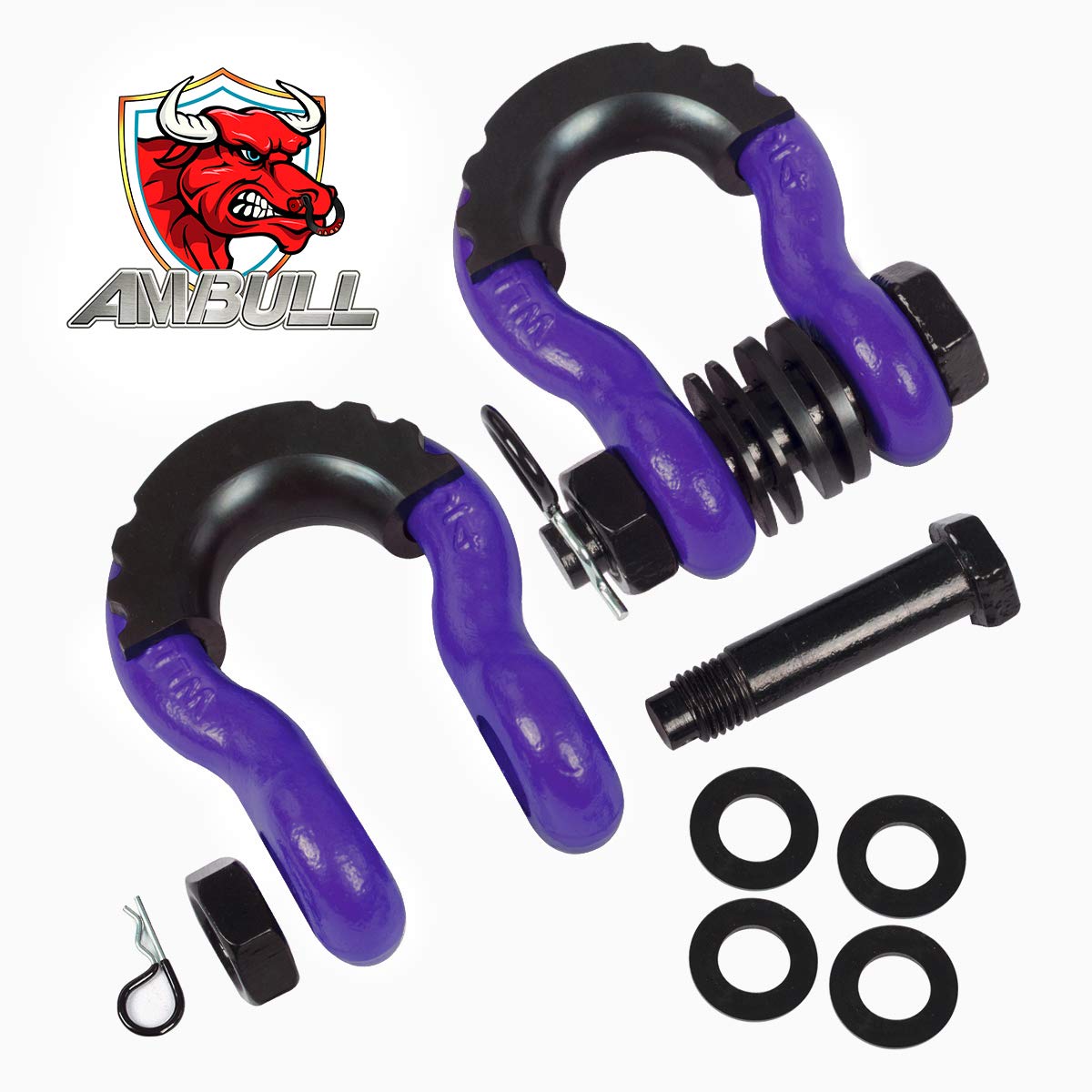 AMBULL Shackles 3/4 Inch D Ring Shackle (2 Pack) 45,000lb Break Strength with 7/8 Inch Pin, Isolator and Washer Kits for Use with Tow Strap, Winch, Off-Road Jeep Truck Vehicle Recovery, Purple