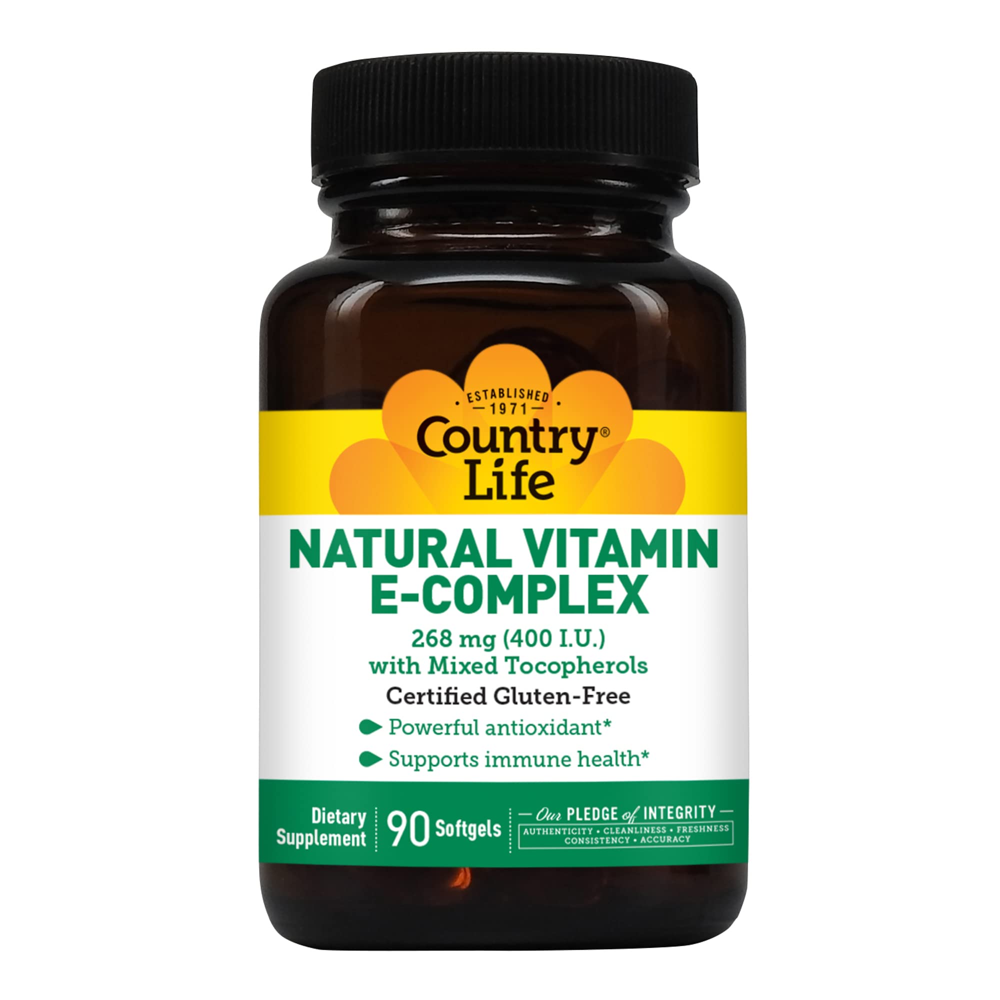 Country LifeNatural Vitamin E-Complex - Support Immune Health - 400 IU Softgels with Four Tocopherols - Powerful Antioxidant for Oxidative Stress - Vitamin E Oil for Skin - 90 Softgels