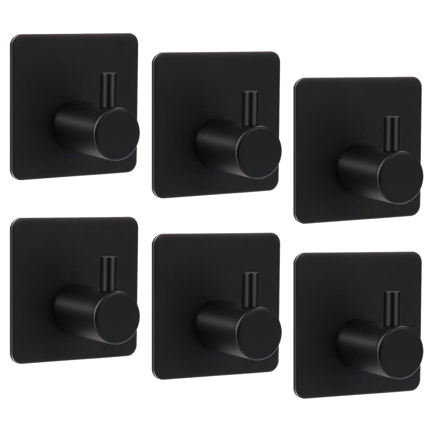 Bluelark Adhesive Hooks, Stainless Steel Wall Hook Heavy Duty Coat Key Robe Towel Hooks for Hanging Bathroom Home Kitchen Office, Black (6 Pack)