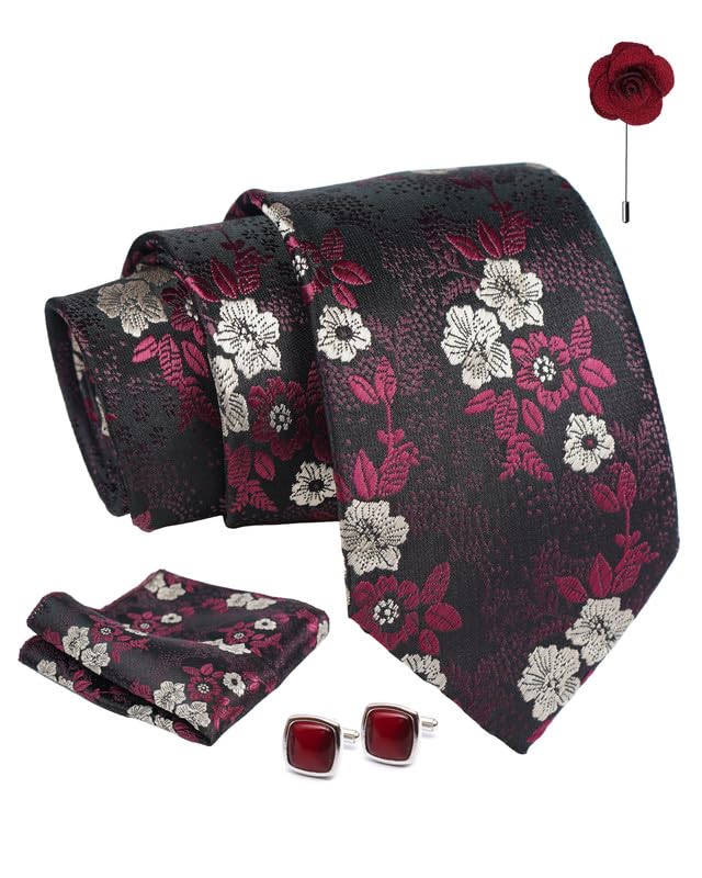 Axlon Wine Floral Tie For Men – Formal Ties Set With Pocket Square & Tie Pin Clip For Mens, Silk Neckties Gift Sets For Men’s (AX24_52)