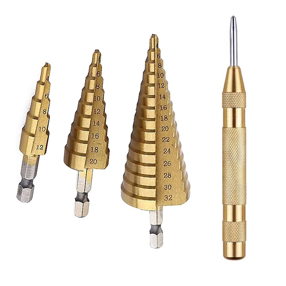 Cochanvie 3Pcs High-Speed Steel Step Drill Bit Set with Automatic Spring Loaded Center Punch, 4-12mm/4-20mm/4-32mm Drill Bits Set for Sheet Metal Hole Drilling