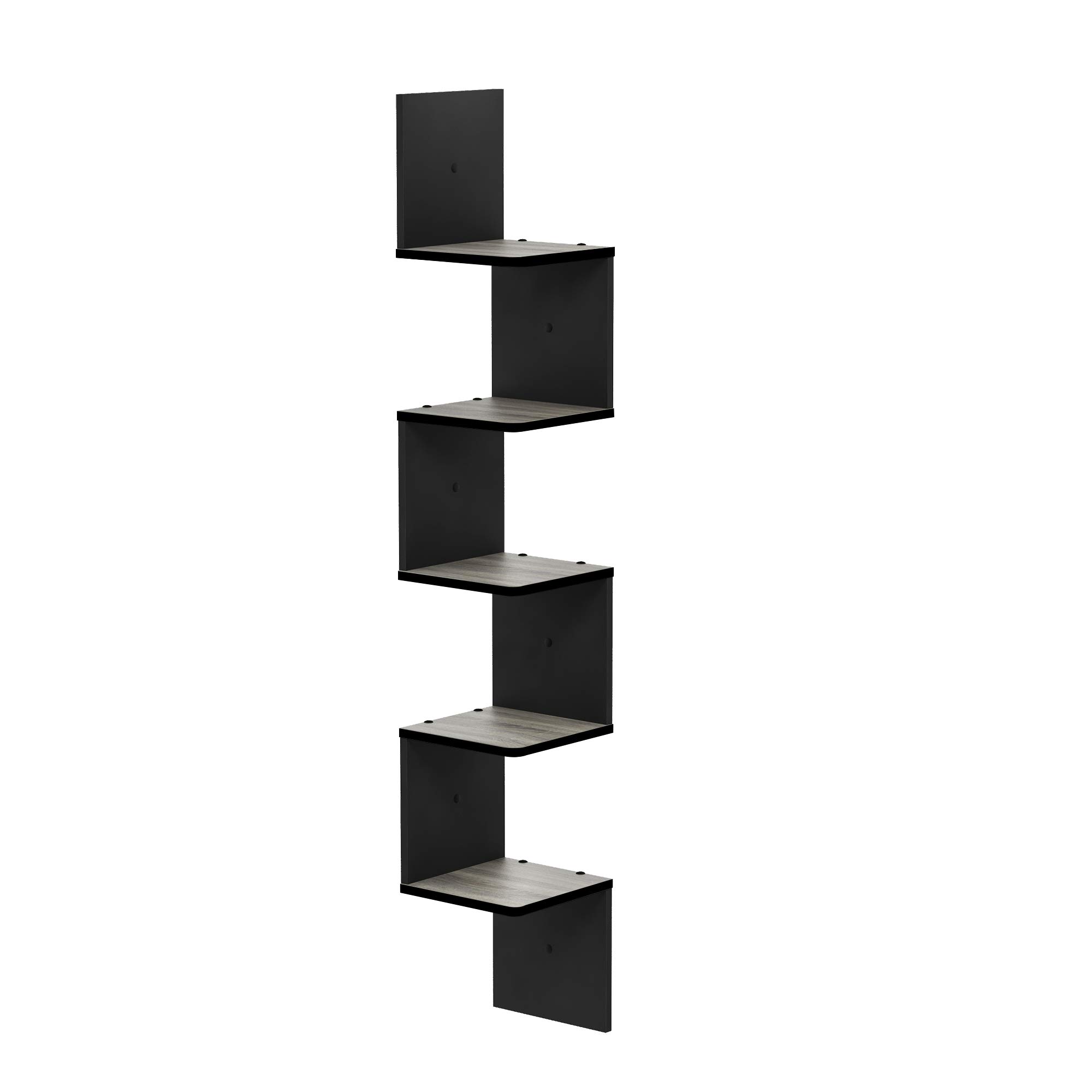 Furinno Rossi Wall Mount Floating Corner Shelf, 5-Tier Square, French Oak Grey/Black