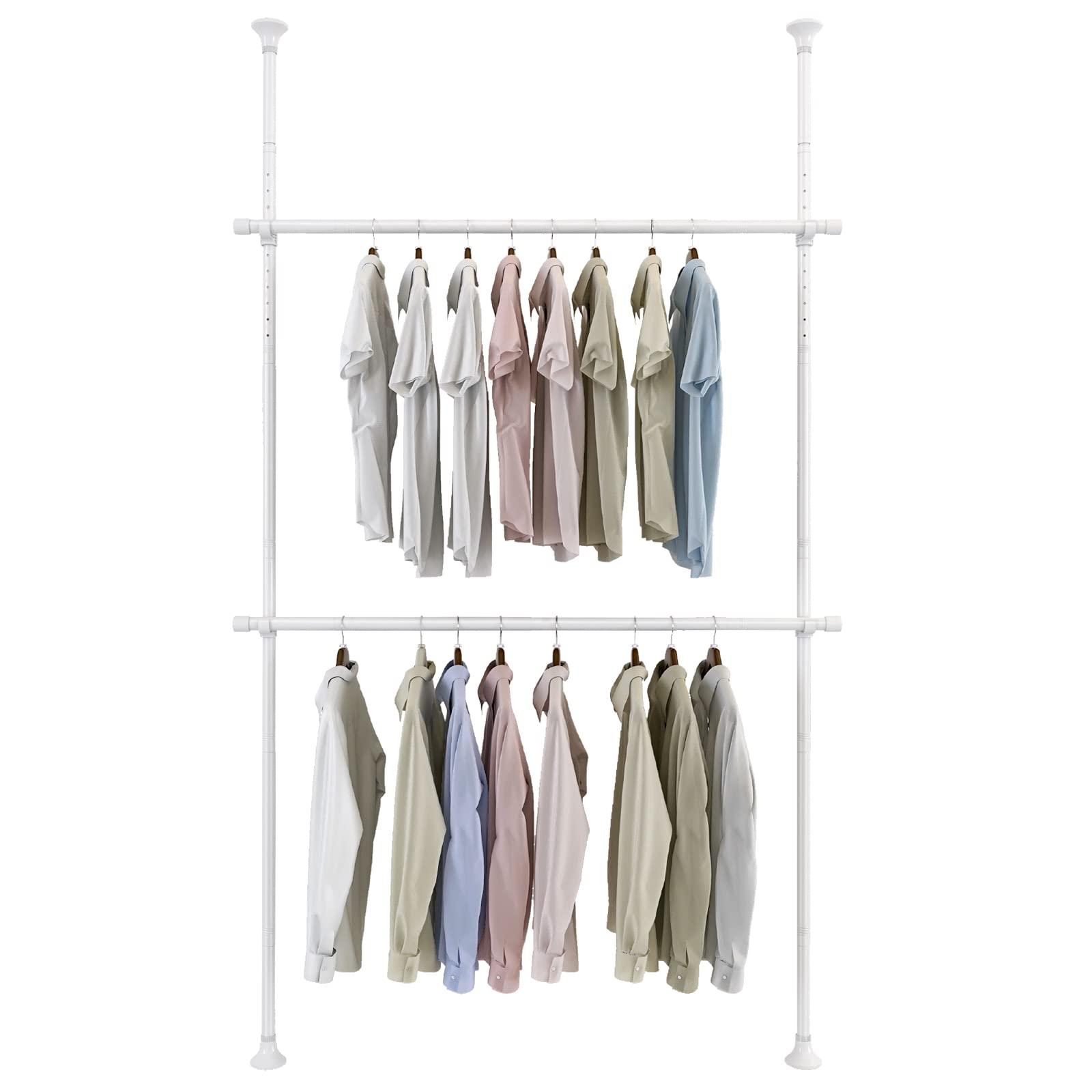 YeYeBest Clothes Rack, 2 Tier Closet Organizers And Storage Free Standing Closet Ceiling Link Floor Hanger for Hanging Clothes Adjustable Floor to Ceiling for Bedroom Laundry Room White