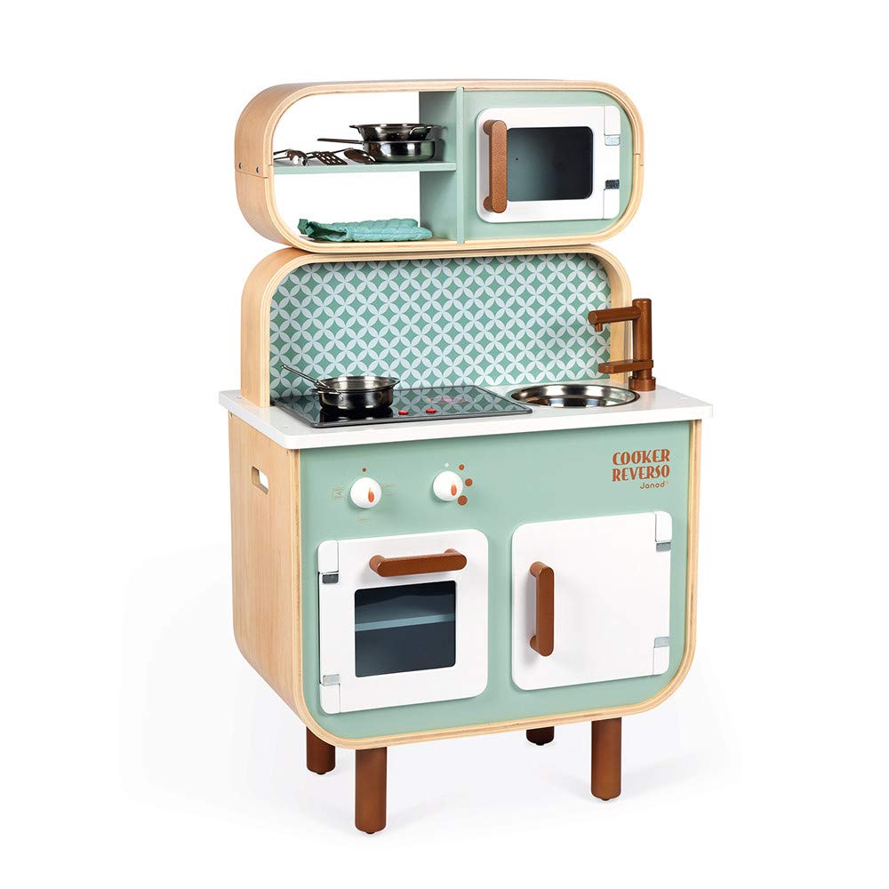 JanodBig Cooker Reverso Retro Wooden Kitchen And Laundry Set With 8 Pretend Play Accessories Ages 3+, Pale Green, Toy Products, J06594