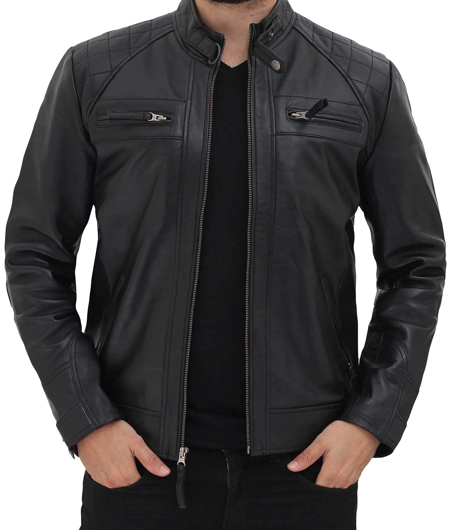 fjackets Real Lambskin Leather Biker Jacket - Quilted Cafe Racer Zip Up Moto Jackets Men