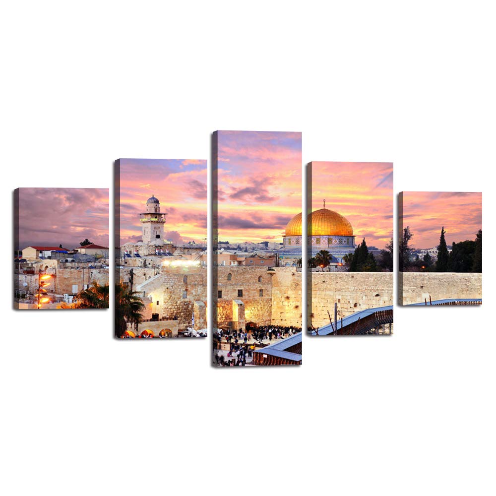 Islamic Canvas Pictures of Hajj Pilgrimage to Kabah Large Wall Art Jerusalem Modern Muslim Artwork-5 Panel Prints Giclee for Living Room Home Decor Wooden Framed Stretched Ready to Hang(60''Wx32''H)